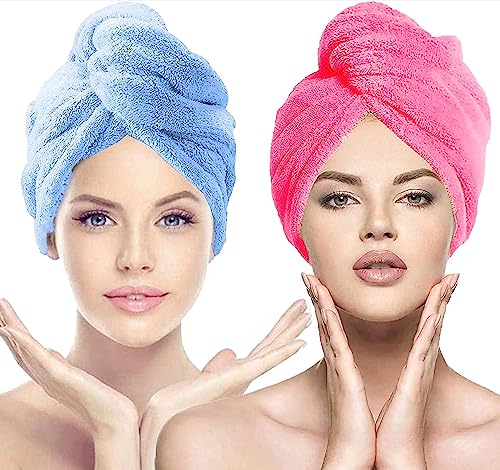 Joynest Microfiber Hair Towel Wrap with Button - Super Absorbent & Fast Drying Hair Towel for Women with Curly Hair - Anti-Frizz Hair Wrap for Shower, Swimming & Salon Styling (2 Pack)