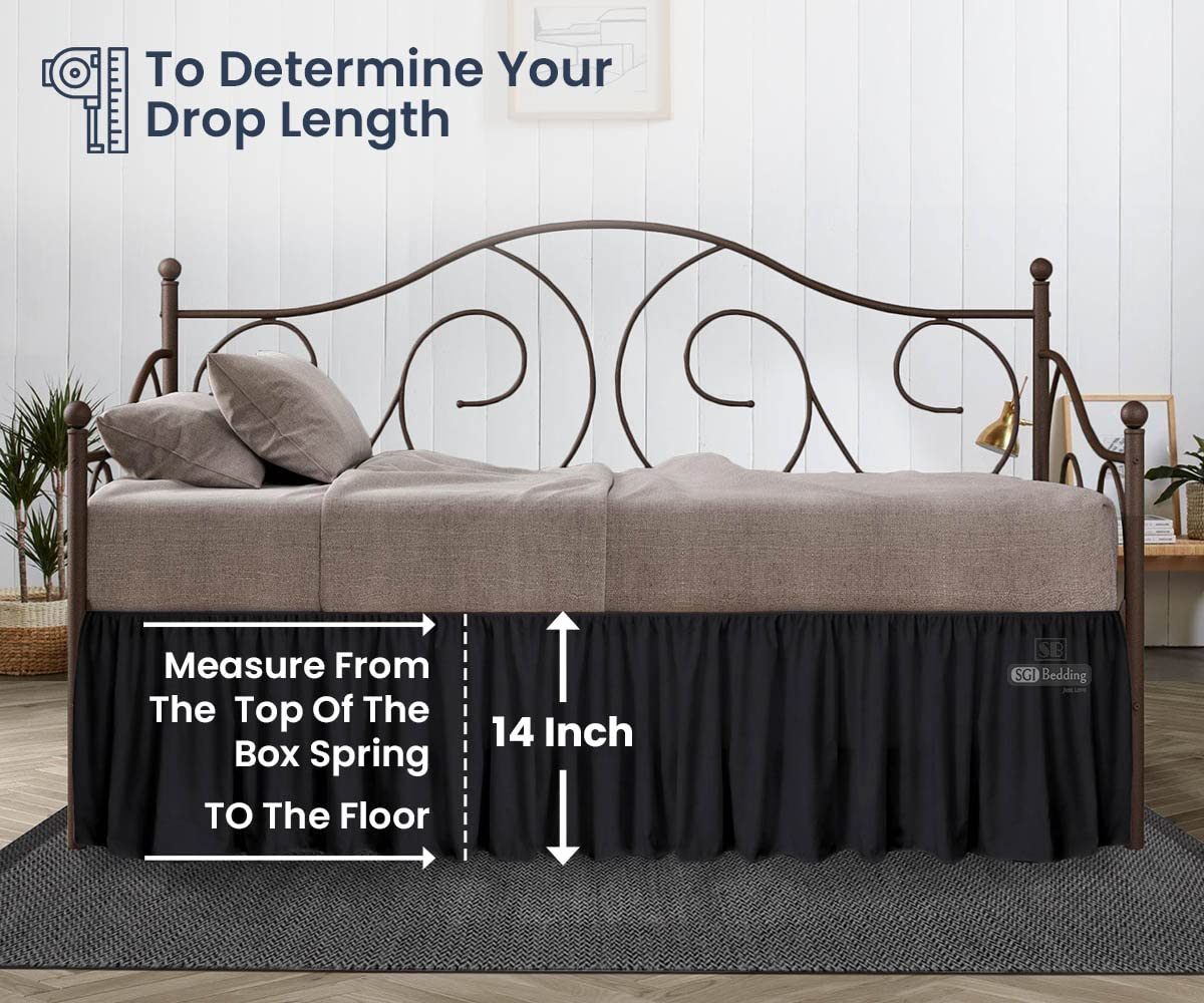 14 Inch Drop Full Size Black Solid Day Bed Skirt - Stylish Ruffled Split Corner Design - Easy Fit & Care - Wrinkle & Fade Resistant Microfiber - Perfect for Guest Rooms, Dorm Decor & Bedroom Makeovers