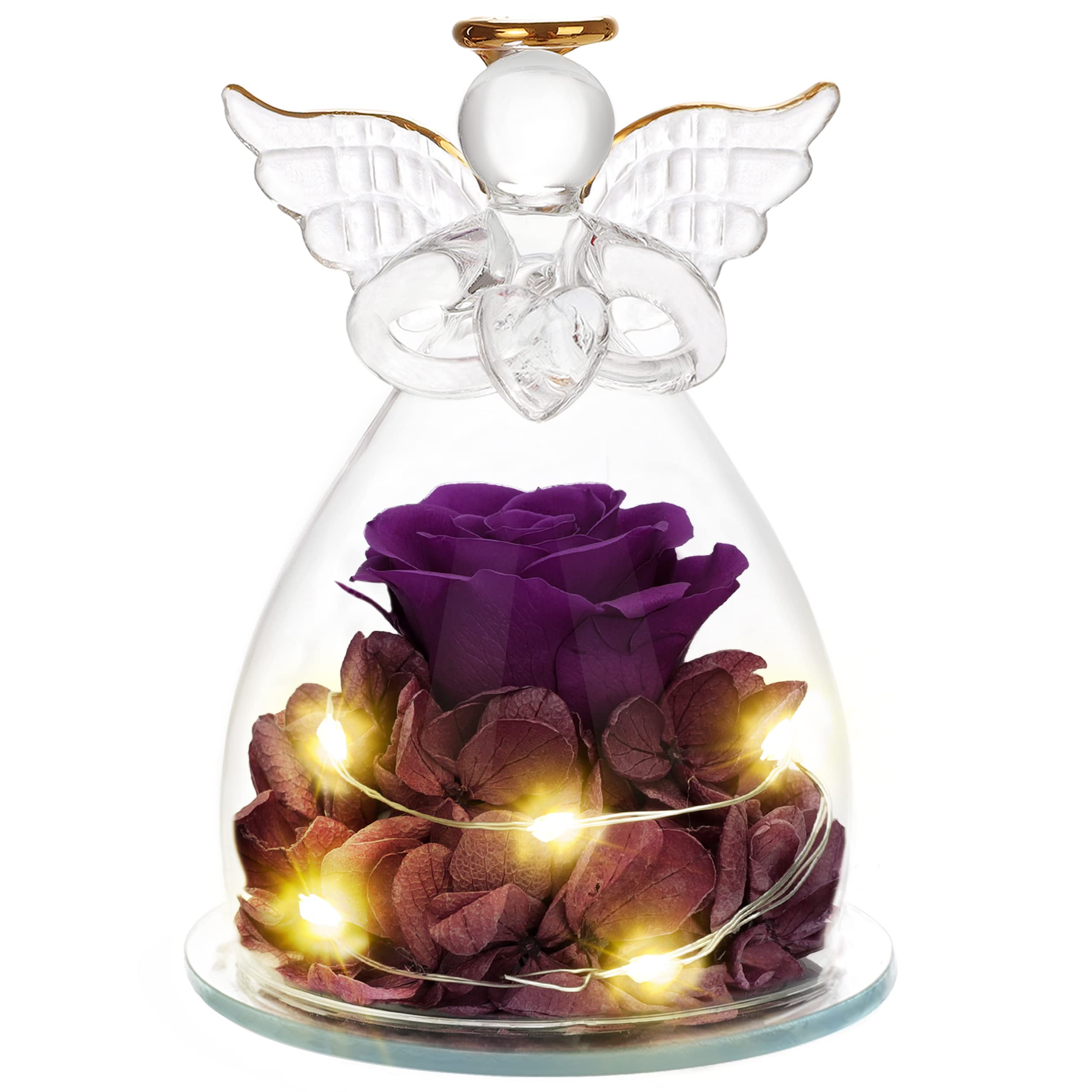 Eternal Preserved Rose in Glass Angel Figurine with LED Light - Romantic Birthday Gift for Women, Mom, Grandma | Valentine's Day, Mother's Day, Anniversary Present | Perfect for Home Decor, Wedding Centerpiece & Special Occasions