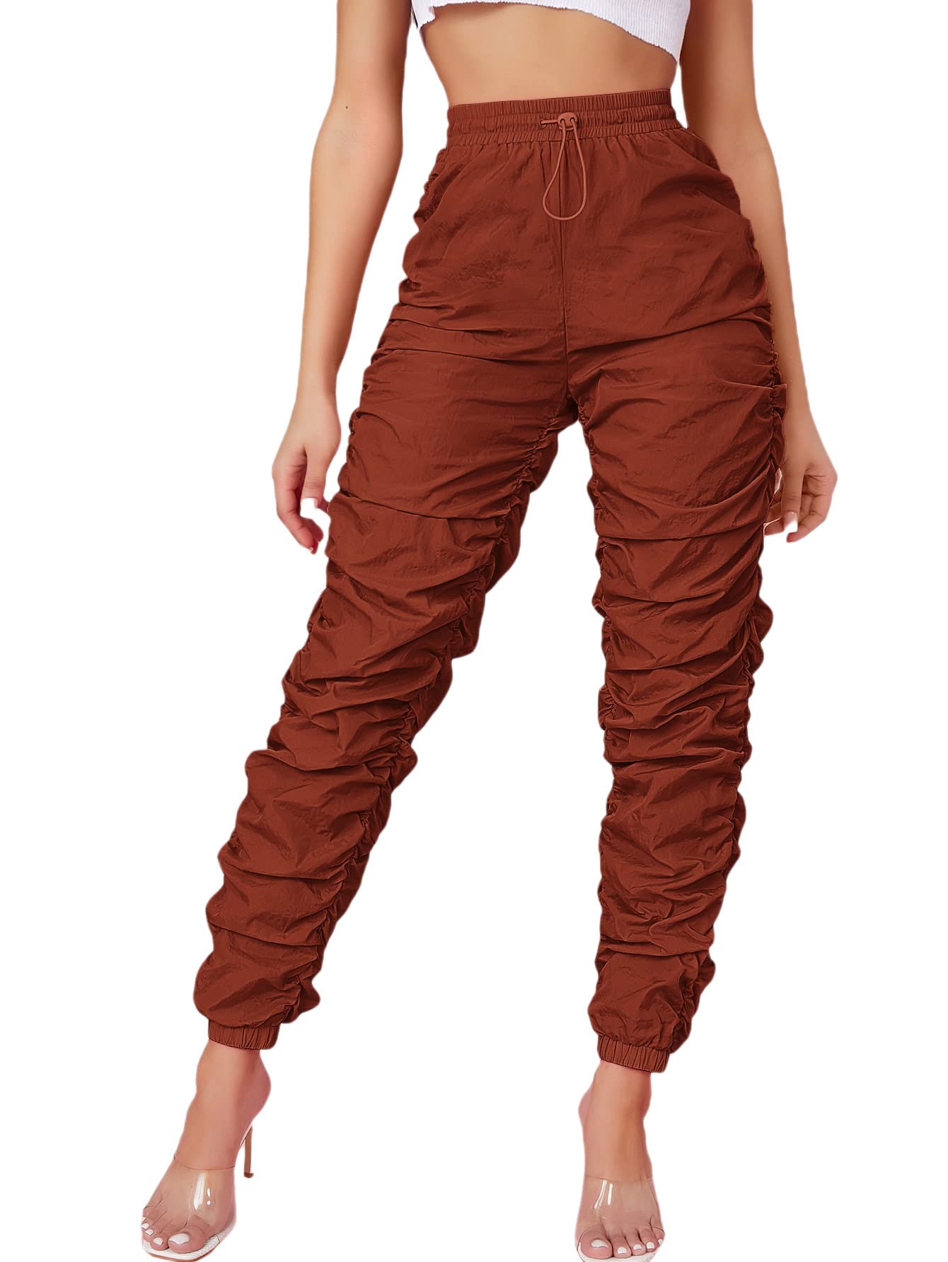 WDIRARA Women's High Waist Jogger Sweatpants with Drawstring & Ruched Detail - Comfortable Casual Lounge Pants for Yoga, Running, and Everyday Wear