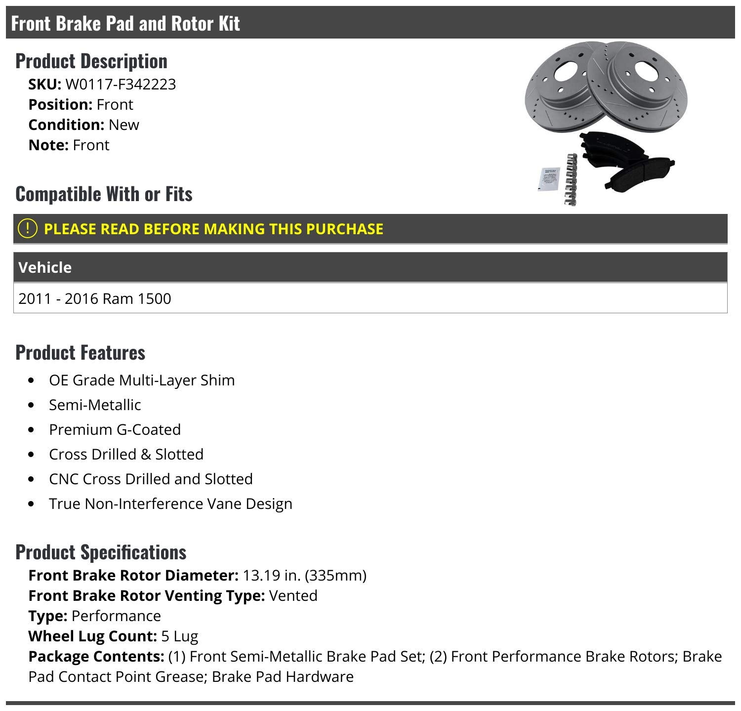 Premium Front Semi-Metallic Brake Pads & Cross-Drilled Slotted Rotors Kit for 2011-2016 Ram 1500 - High Performance Braking for Towing, Off-Road & Daily Driving