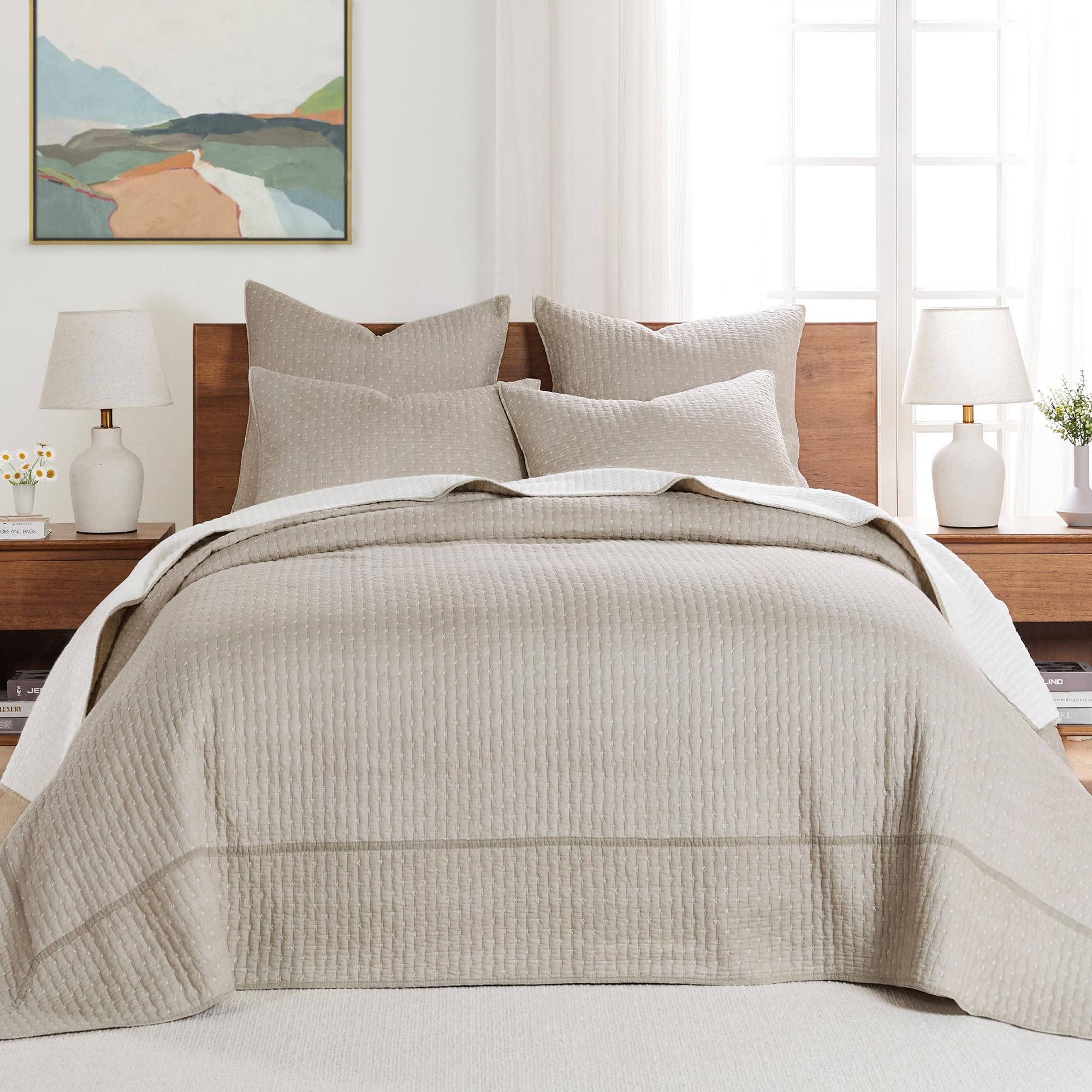 Levtex Home King Size Taupe Cross Stitch Quilted Bedspread Set with 2 Shams - 120x104 Inch Bedspread & 20x36 Inch Shams - Soft Cotton Bedding for Cozy Bedroom Decor - Perfect for Master Bedrooms, Guest Rooms & Farmhouse Style Homes