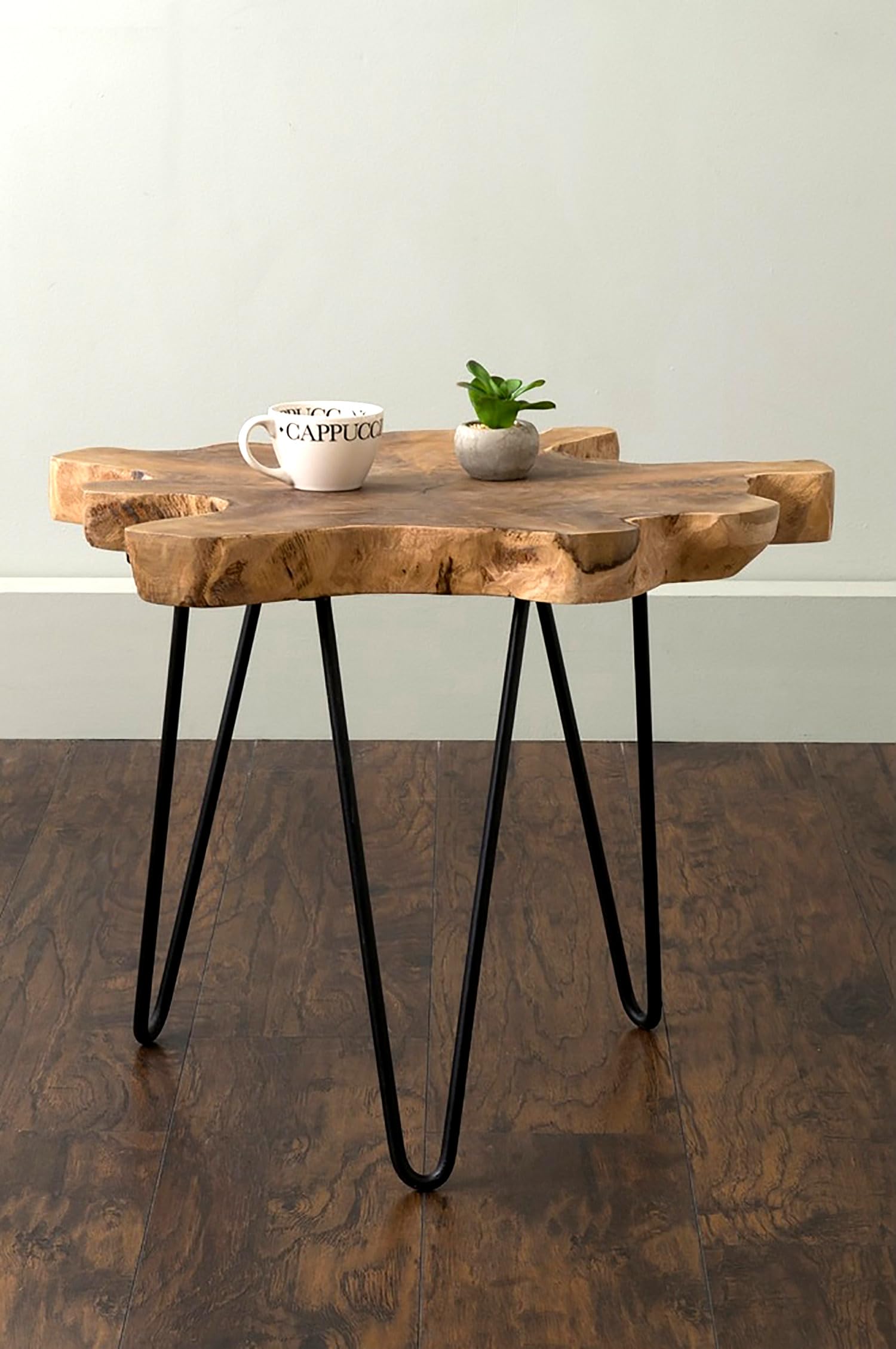 OMA Solid Teak Wood End Table with Live Natural Edge - Modern Rustic Accent Table for Living Room, Bedroom & Home Decor - Sturdy Hairpin Legs, Large Size - Perfect for Coffee Table Companion or Nightstand