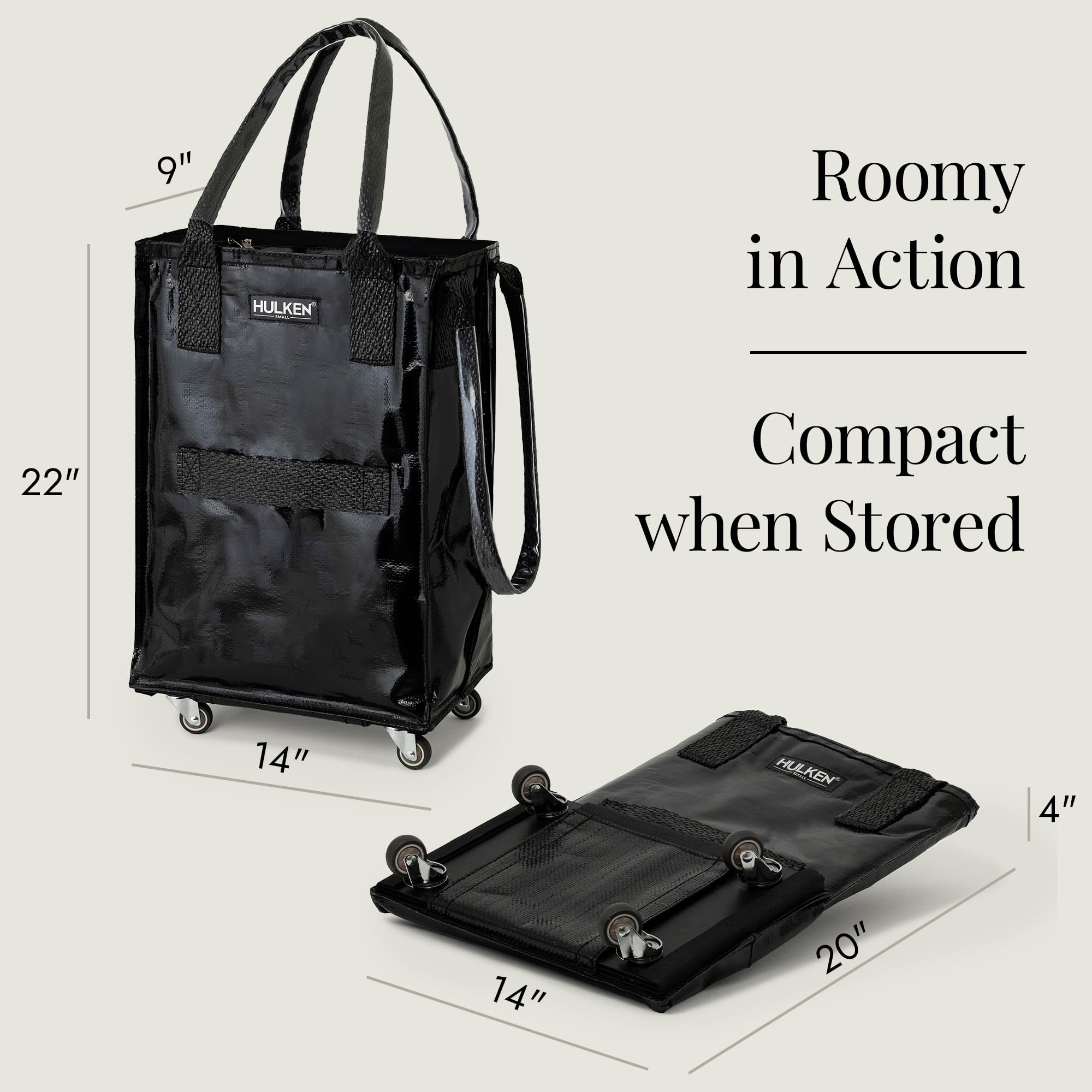 Compact Black Wheeled Grocery Cart - Reusable Rolling Shopping Tote with Zipper Closure, Lightweight Foldable Design Holds 66 lbs - Perfect for Grocery Shopping, Farmers Markets & Travel