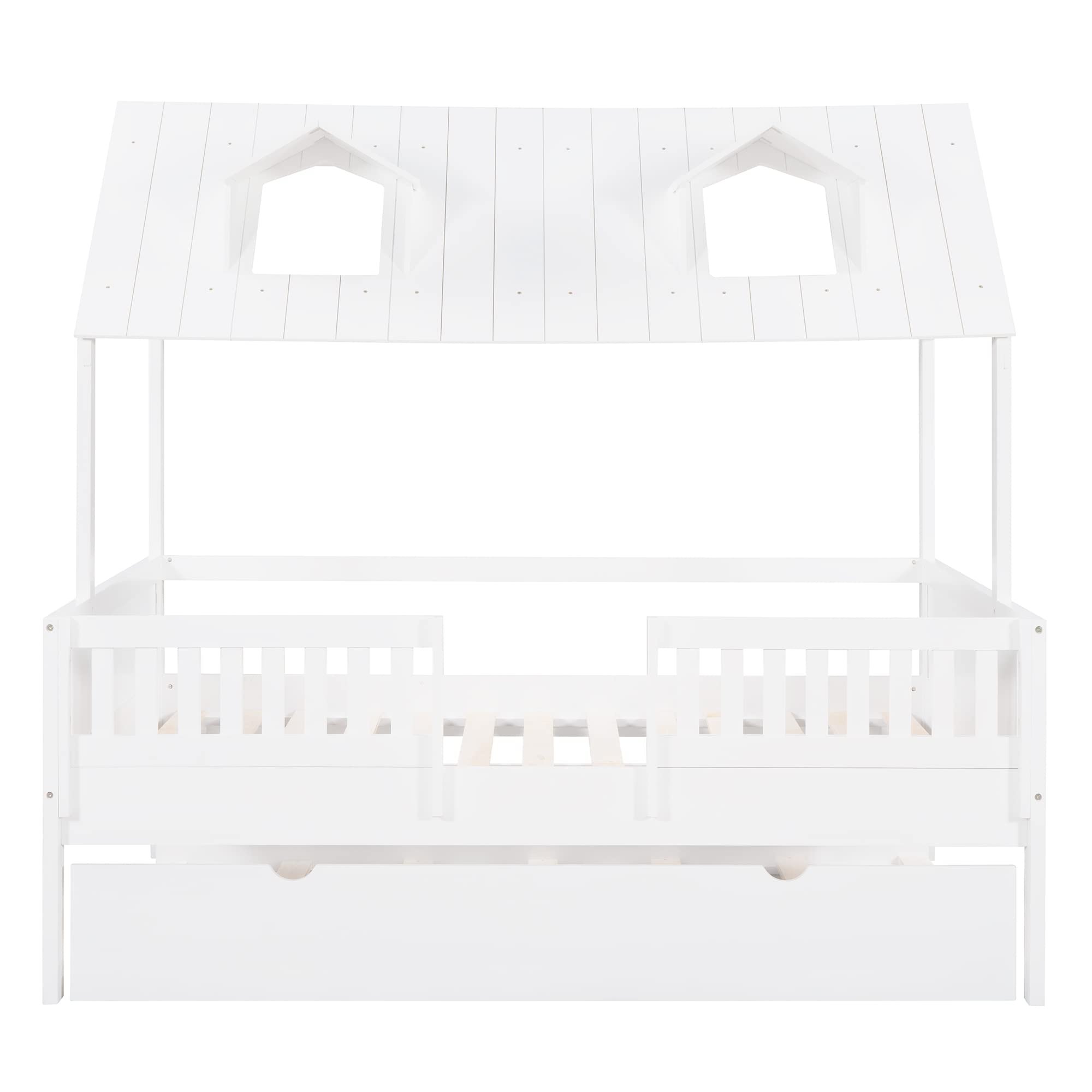 MERITLINE Full House Bed with Trundle - White Wooden Platform Bed Frame with Roof for Kids, Teens, Boys & Girls - Perfect for Small Bedrooms, Playrooms & Sleepovers