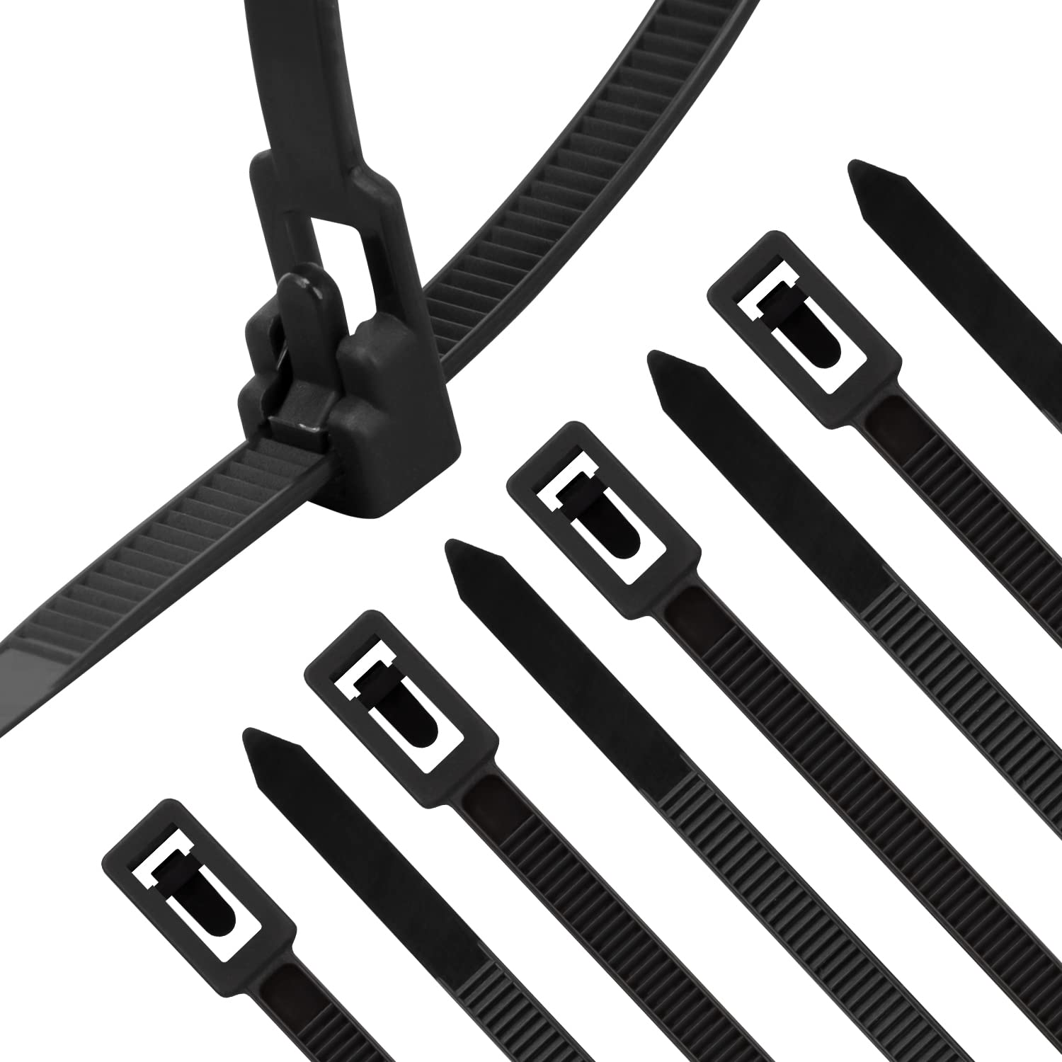XINGO 100PCS Reusable Cable Ties - Adjustable & Releasable Zip Ties for Wires, Cords & Cables - Heavy Duty 25 lbs Strength - 8 Inch Black Plastic Tie Straps - Perfect for Home, Office, Garage & Outdoor Organization