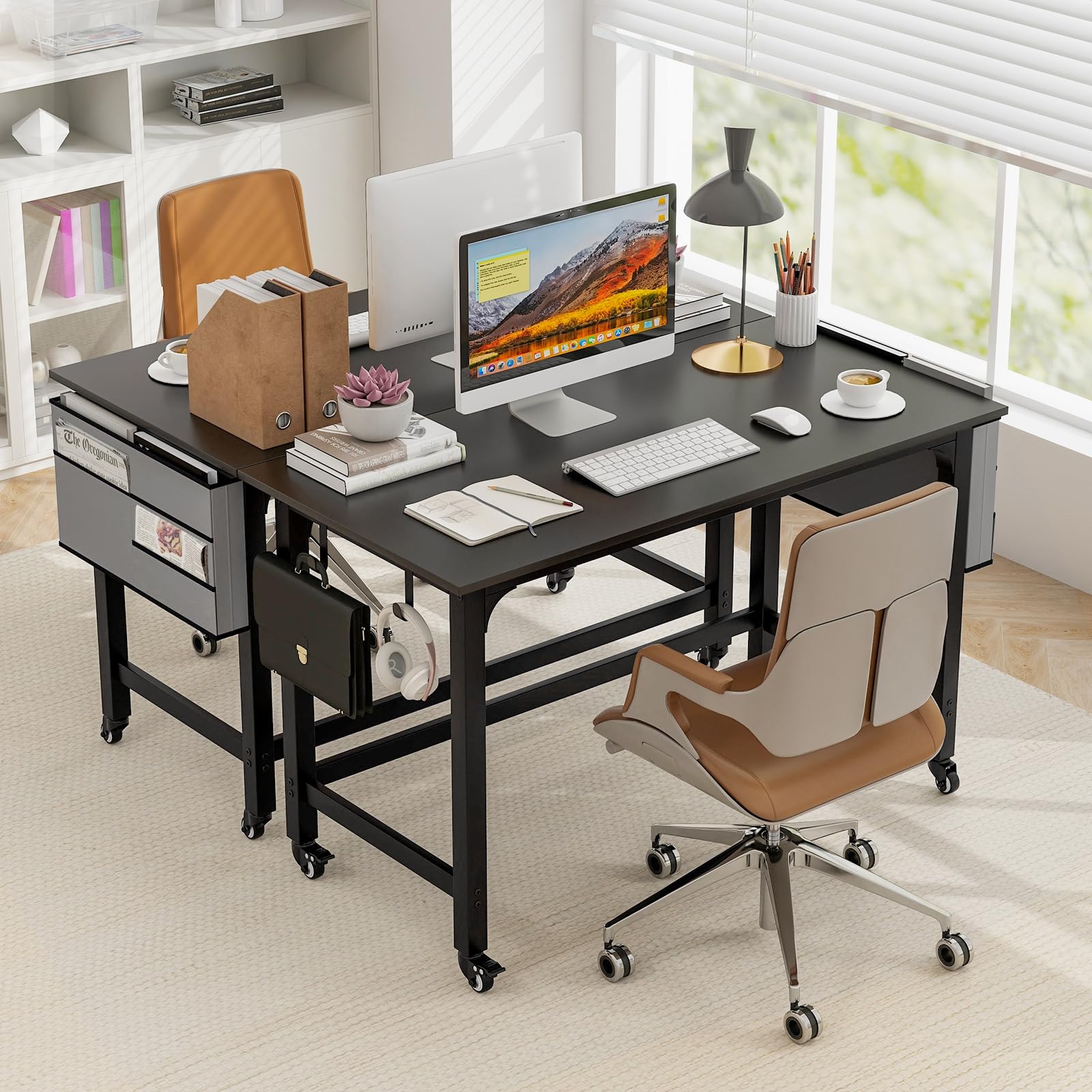 Tangkula 48 Inch Mobile Computer Desk with Storage Bag & 2 Hooks - Rolling Home Office Desk with Lockable Wheels, Study Writing Table for Bedroom, Dorm, Small Space - Perfect for Remote Work & Online Classes