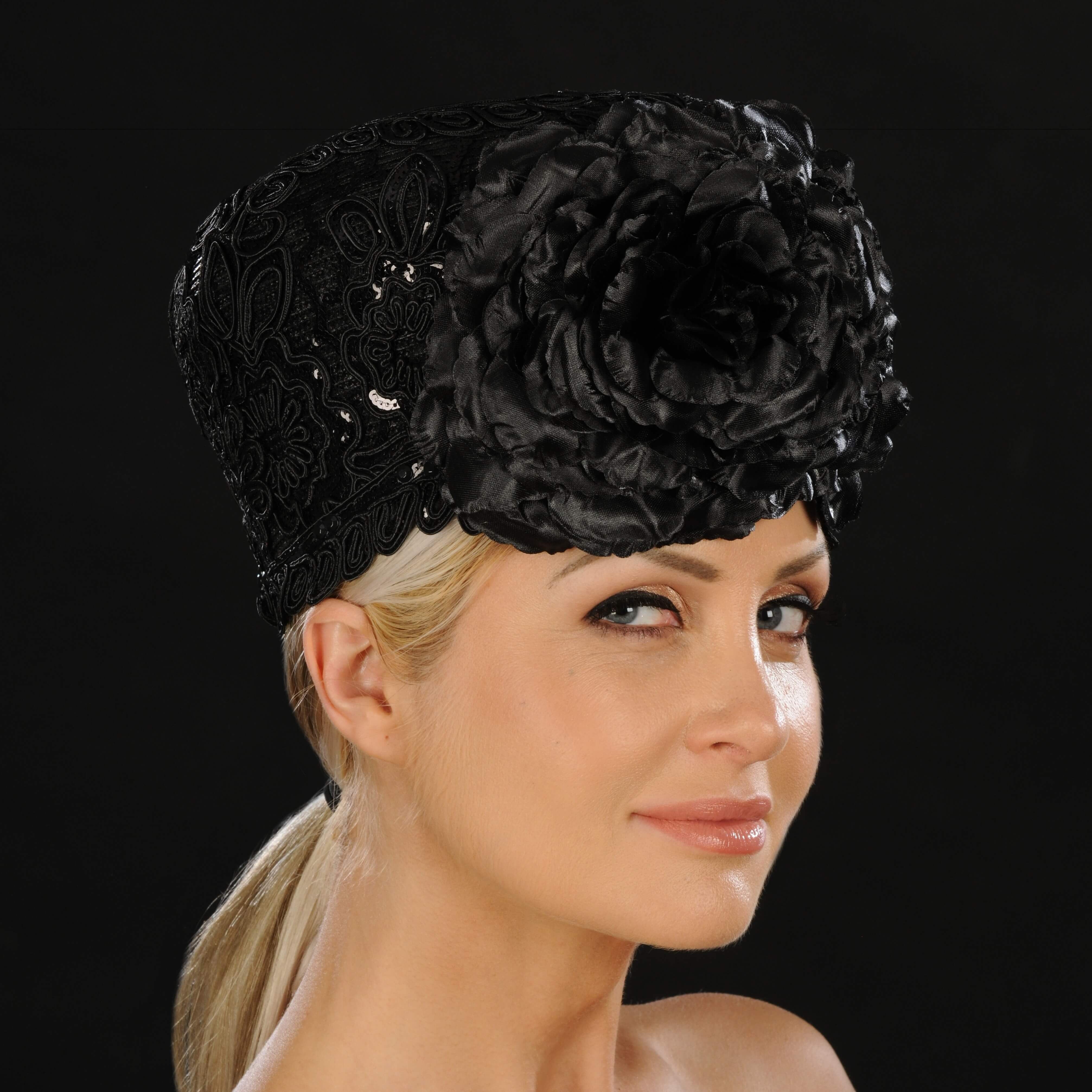 Elegant Black Lace Church Hat with Large Floral Design for Women - Perfect for Sunday Services, Weddings, and Special Occasions