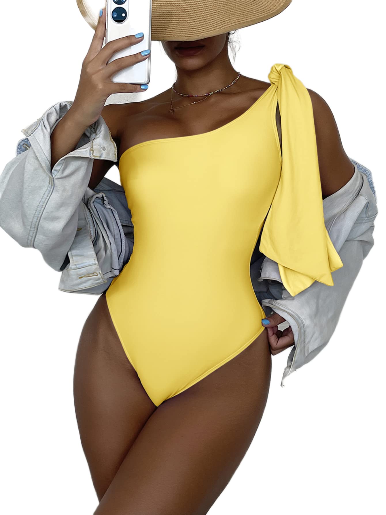 MakeMeChic Women's Sexy One Shoulder Knot Swimsuit - Solid Color High Cut Bathing Suit for Beach, Pool Party & Summer Vacation