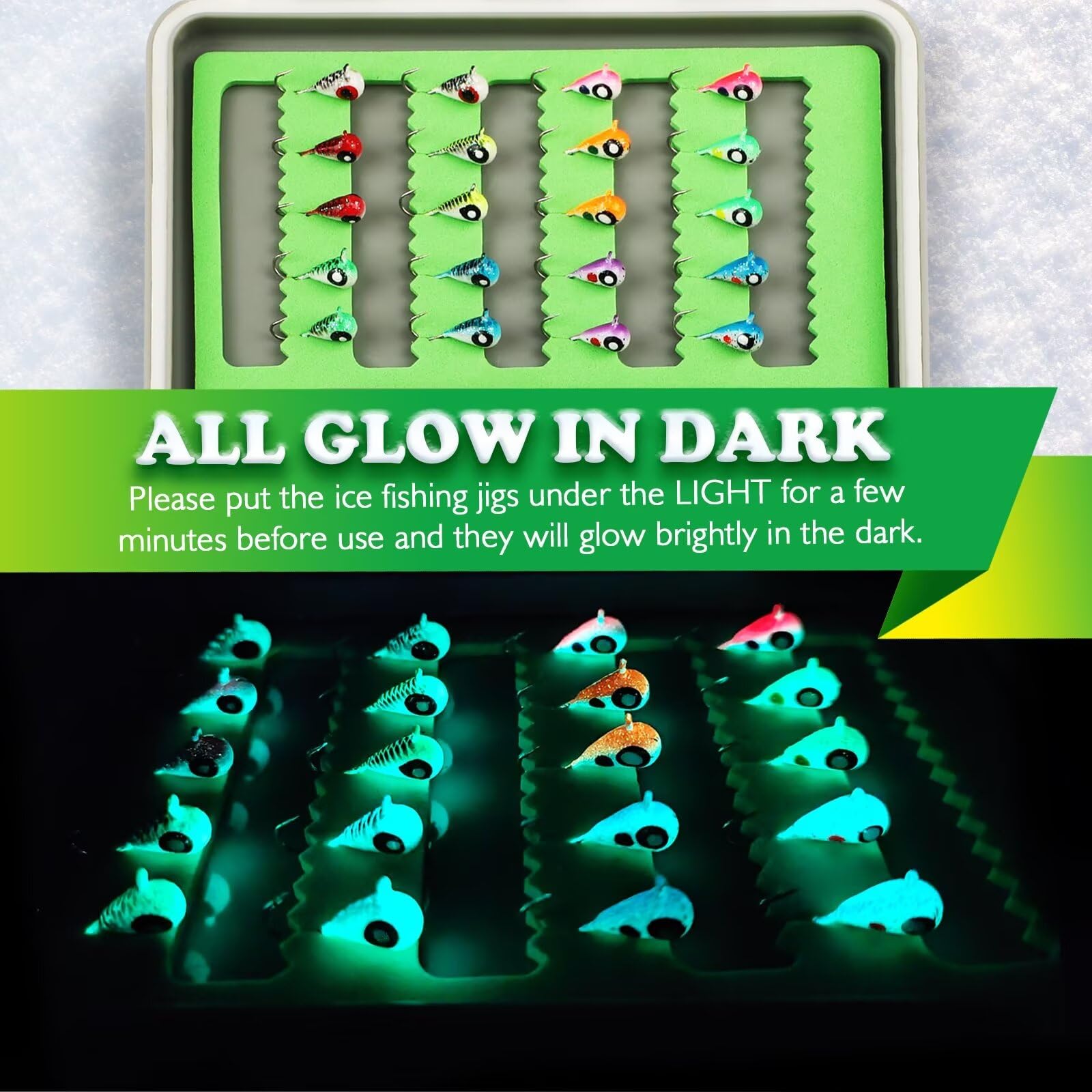 20pcs/60pcs Tungsten Ice Fishing Jigs with Glow in Dark Feature - 1/16oz (1.85g) Crappie Lures for Panfish & Walleye - Durable Ice Fishing Gear - Perfect Gift for Anglers - Ideal for Winter Ice Fishing & Night Fishing Adventures