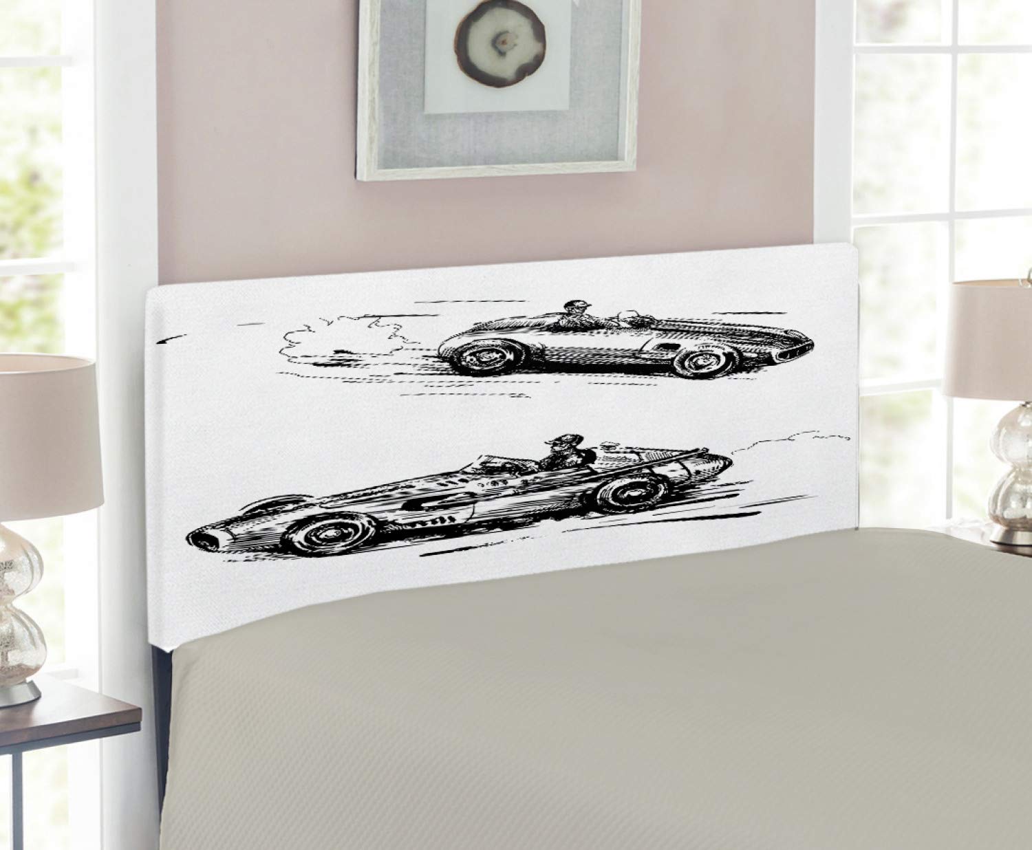 Ambesonne Vintage Racing Cars Headboard - Hand Drawn Automobile Sketch Art Upholstered Metal Bed Frame with Memory Foam - Twin Size Black & White - Perfect for Race Car Themed Bedrooms & Nostalgic Home Decor