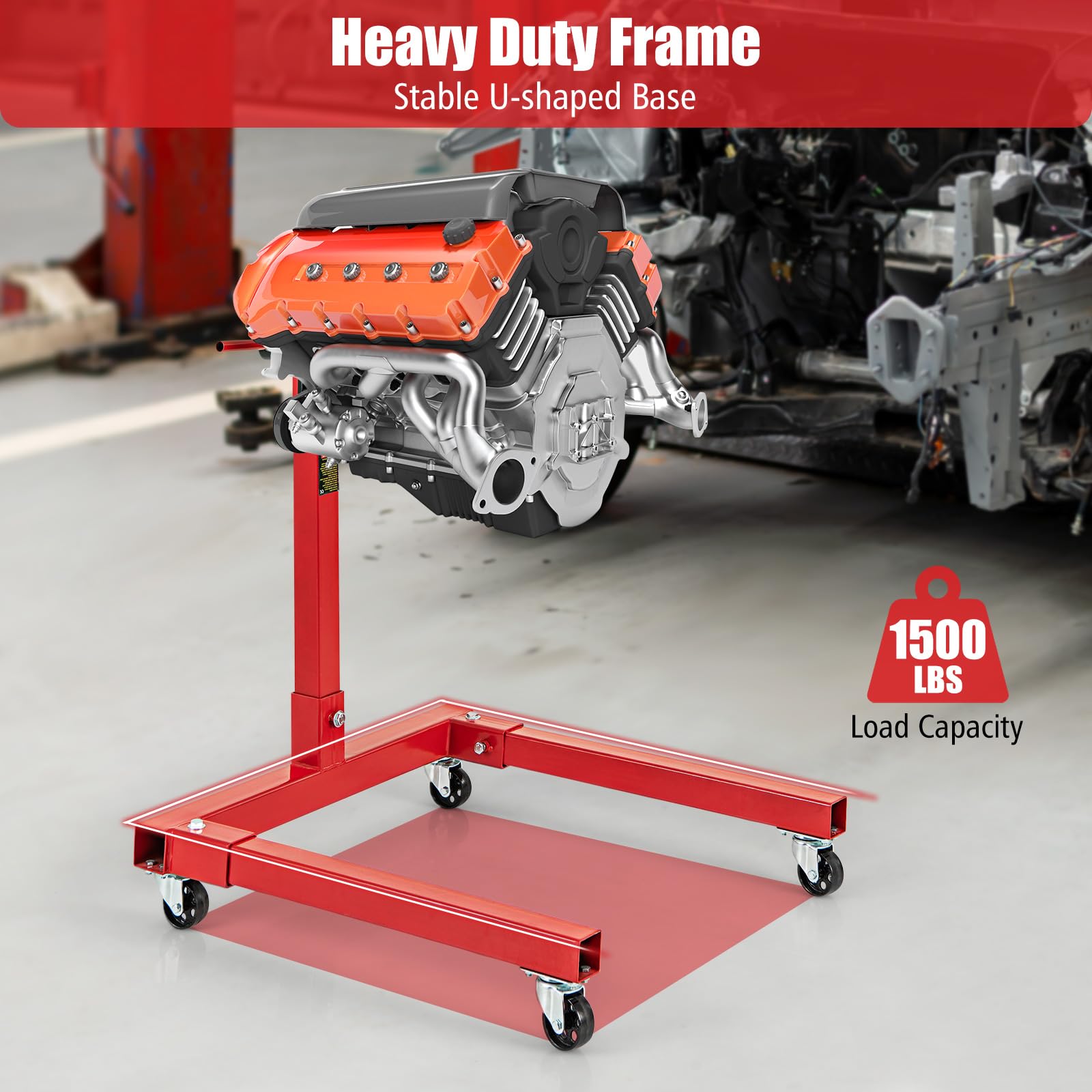 3/4 Ton Engine Hoist Stand with 4 Adjustable Arms & 360° Rotating Head - Heavy Duty 1500 lbs Capacity Engine Motor Stand for Garage, Workshop, Auto Repair - Features 3/4
