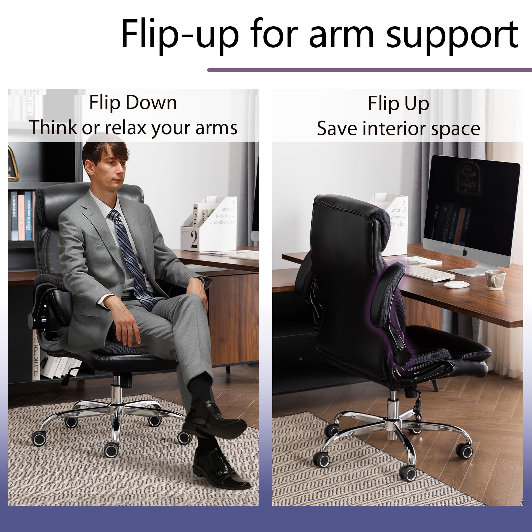 Premium High Back Executive Leather Office Chair - Ergonomic Adjustable Swivel Task Chair with Flip-Up Arms & Rocking Function for Home & Business Workspaces