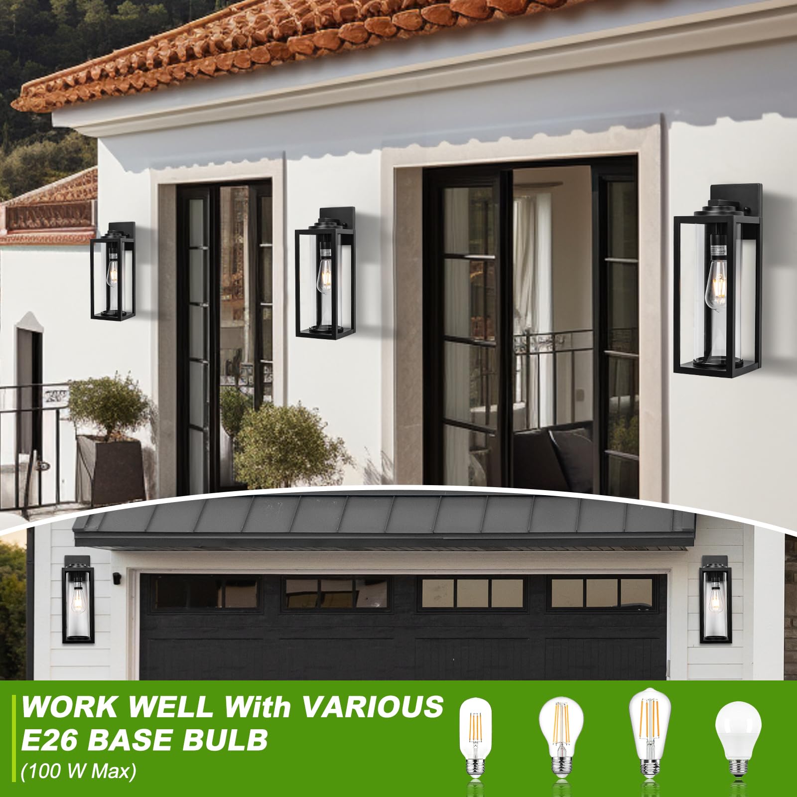 16 Inch Large Outdoor Wall Lights - 2 Pack Modern Black Exterior Light Fixtures with Clear Glass Shade, Waterproof Porch Lighting for House, Farmhouse, Garage & Front Door - Perfect for Patio, Garden & Entryway Lighting