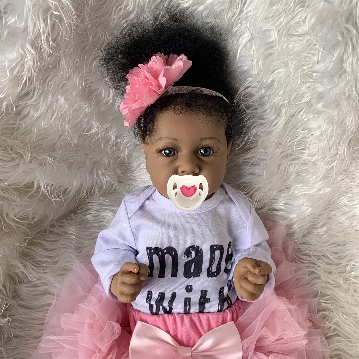 Anano 22 Inch Black Reborn Baby Doll Girl - Lifelike Silicone Full Body Newborn Baby Doll with Anatomically Correct Features, Washable Toddler Toy for Playtime, Nursery Decor, and Gift Giving