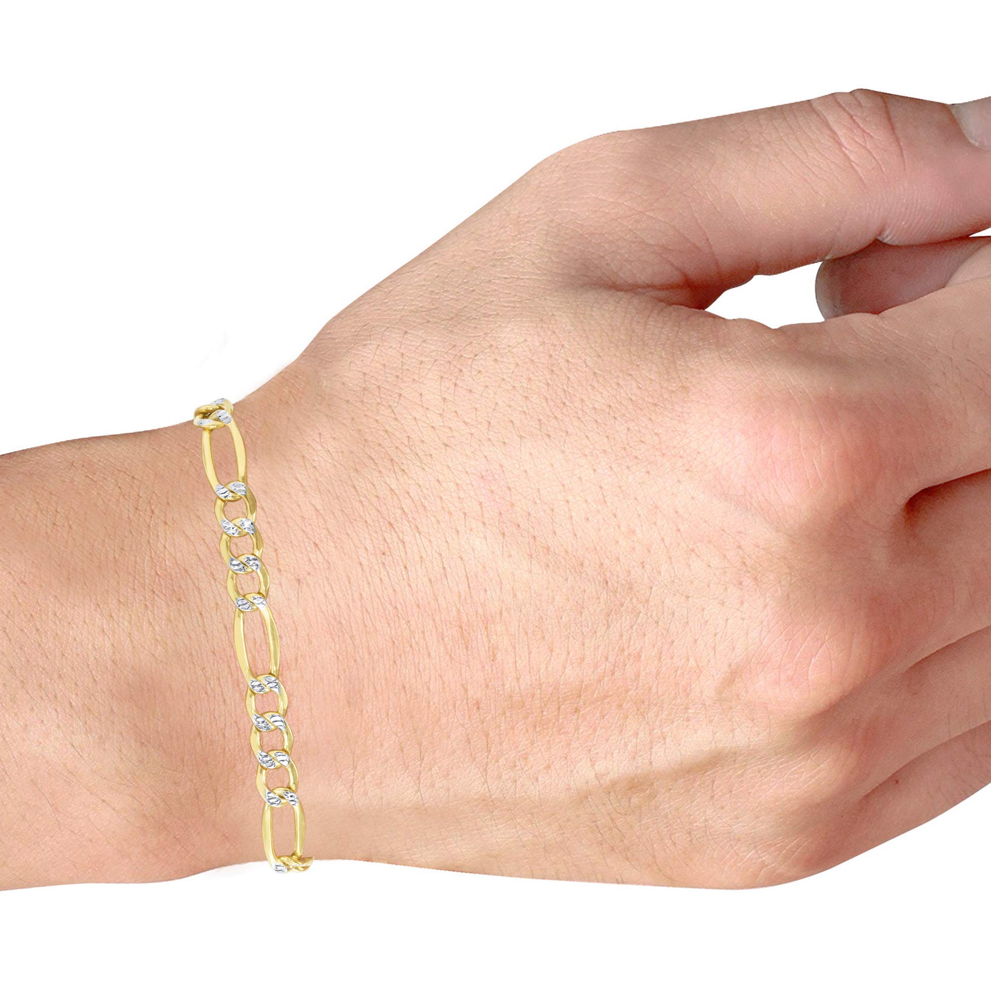 10k Real Yellow Gold Figaro Link 5.5mm Diamond Cut Pave Chain Bracelet for Men & Women (7