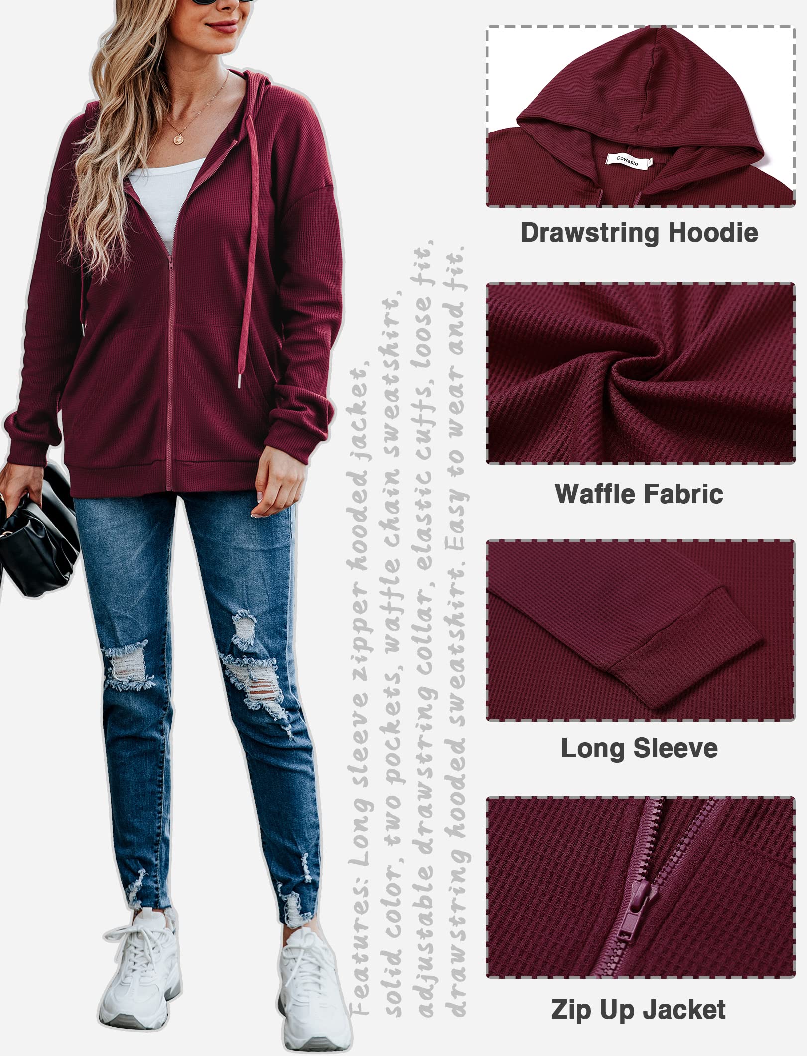 Cowasto Women's Waffle Knit Zip Up Hoodie - Casual Long Sleeve Drawstring Jacket with Hood for Fall & Winter | Perfect for Outdoor Activities, Travel & Lounge Wear