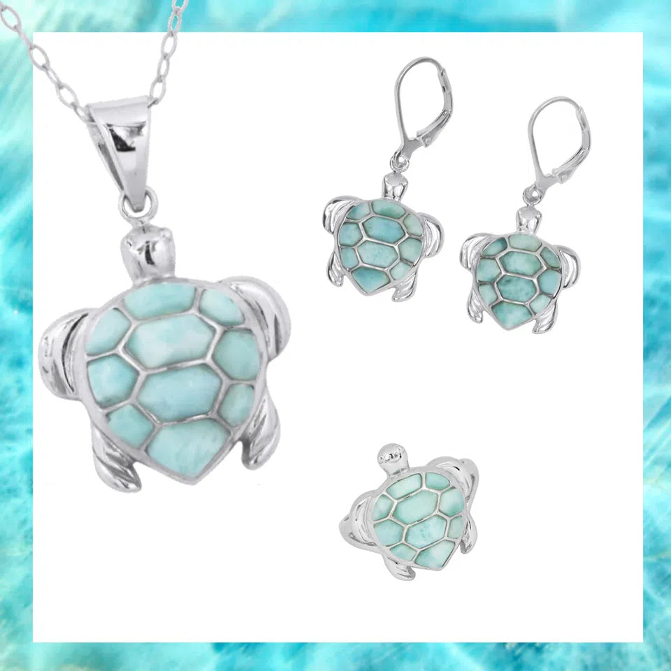 Caribbean Larimar Sea Turtle Jewelry Set - Sterling Silver Pendant & Earrings - Handmade Ocean-Themed Gift for Women - Perfect for Beach Vacations & Summer Outfits