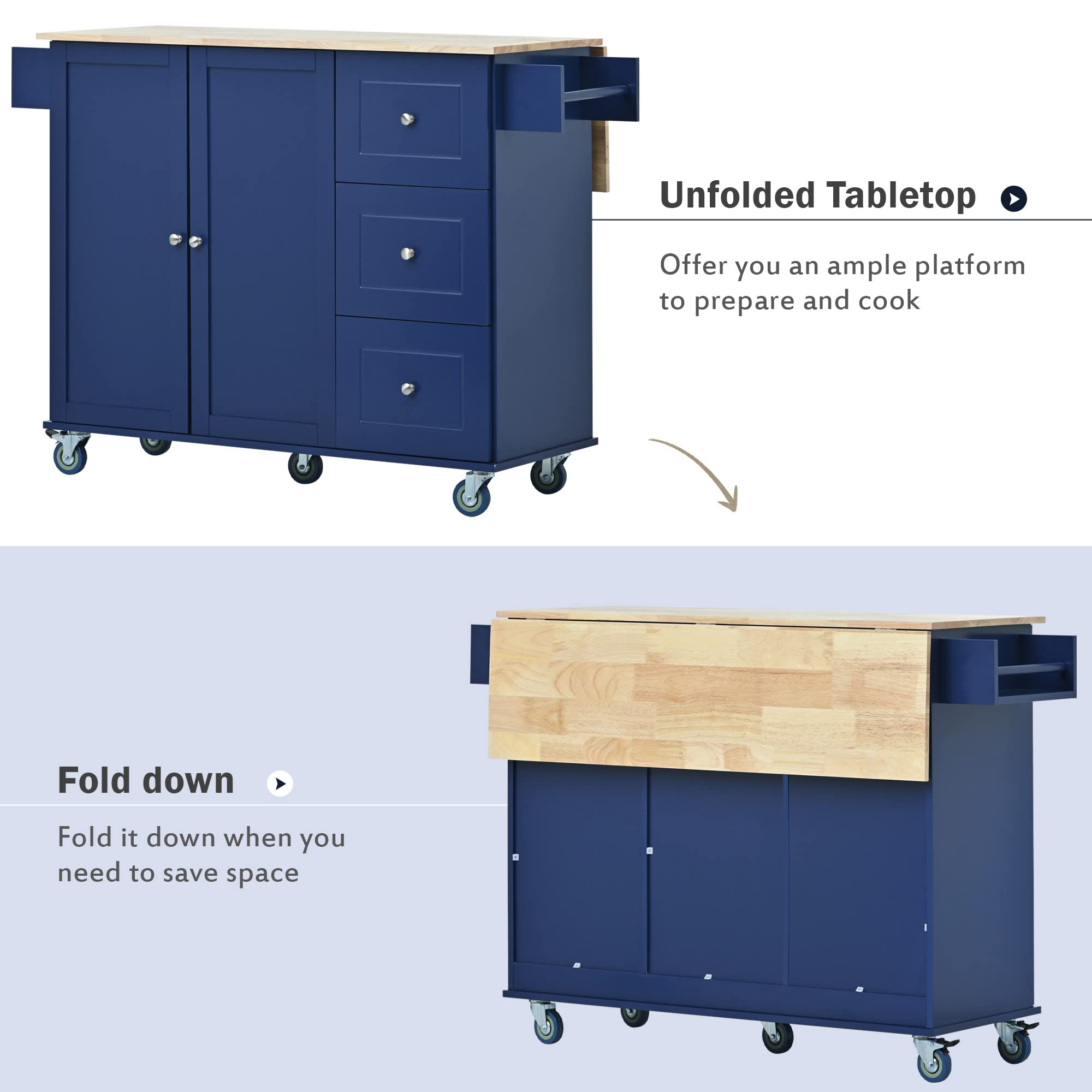 Mobile Kitchen Cart with Wood Top & Drop Leaf Breakfast Bar - 52.7