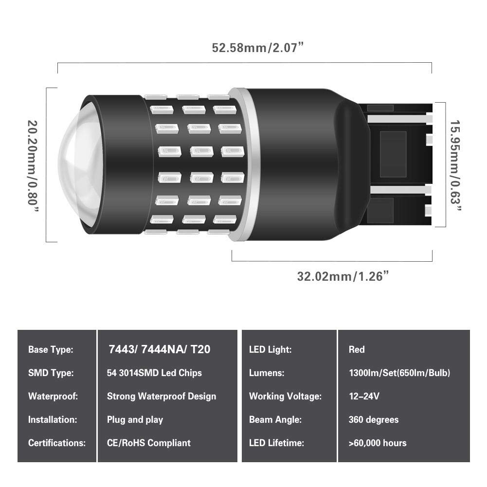 Ultra Bright 7443 7444NA 7440 7440NA LED Bulbs - 3014SMD 54-EX Chipsets with Lens Projector for Backup, Reverse, Tail, Brake & Parking Lights - 12-24V DC (2-Pack) - Perfect for Trucks, SUVs & Cars Night Driving Safety
