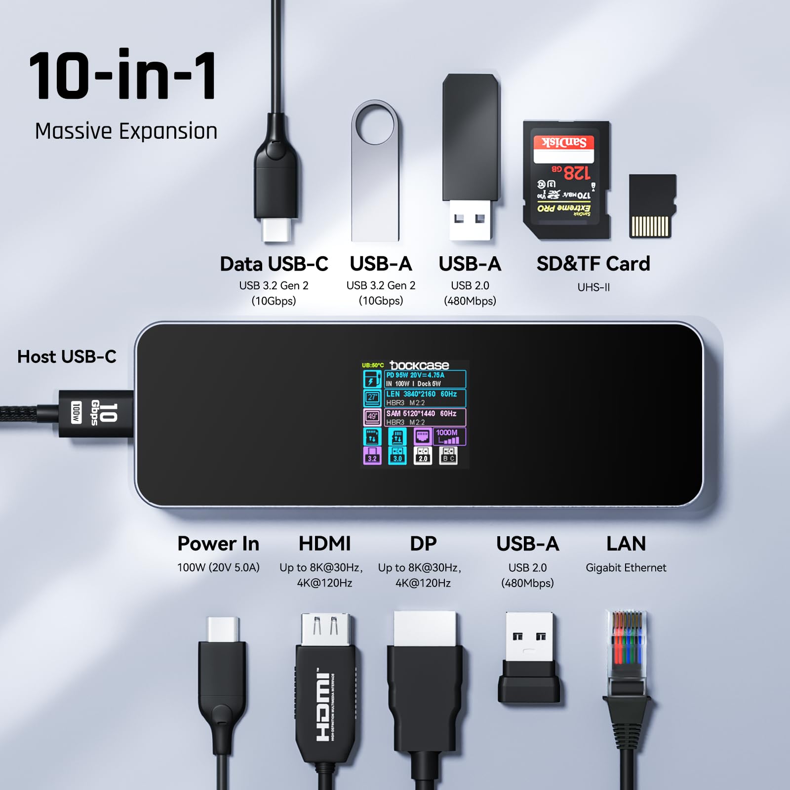 DOCKASE 10-in-1 Smart USB-C Hub with Dual 4K@60Hz HDMI, 100W PD 3.0 Charging, Ethernet Port, USB 3.2 & USB 2.0 Ports, UHS-II SD/TF Card Reader - Compatible with MacBook Pro/Air, Dell XPS (Gray) - Perfect for Home Office, Gaming & Multi-Monitor Setup