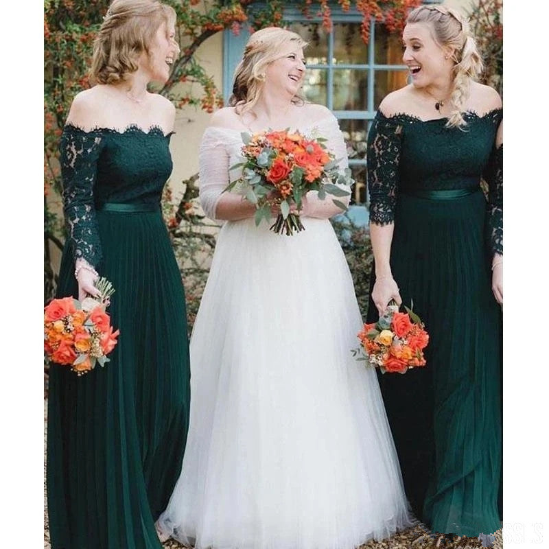 Elegant Dark Green Off Shoulder Lace Bridesmaid Dress with Half Sleeves - Perfect for Weddings, Parties & Formal Events