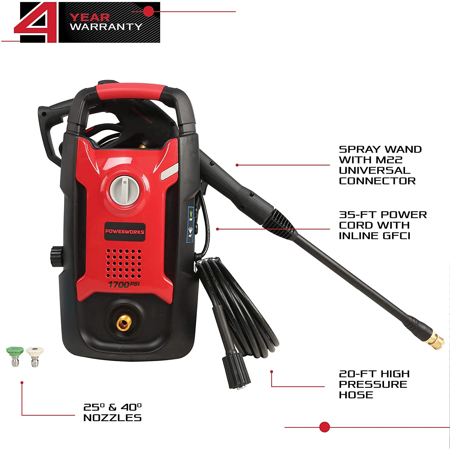 POWERWORKS 1700 PSI 1.2 GPM Electric Pressure Washer with 20ft Hose & 3 Nozzles - PWMA Certified for Car Washing, Garden Cleaning & Outdoor Home Maintenance (Red)