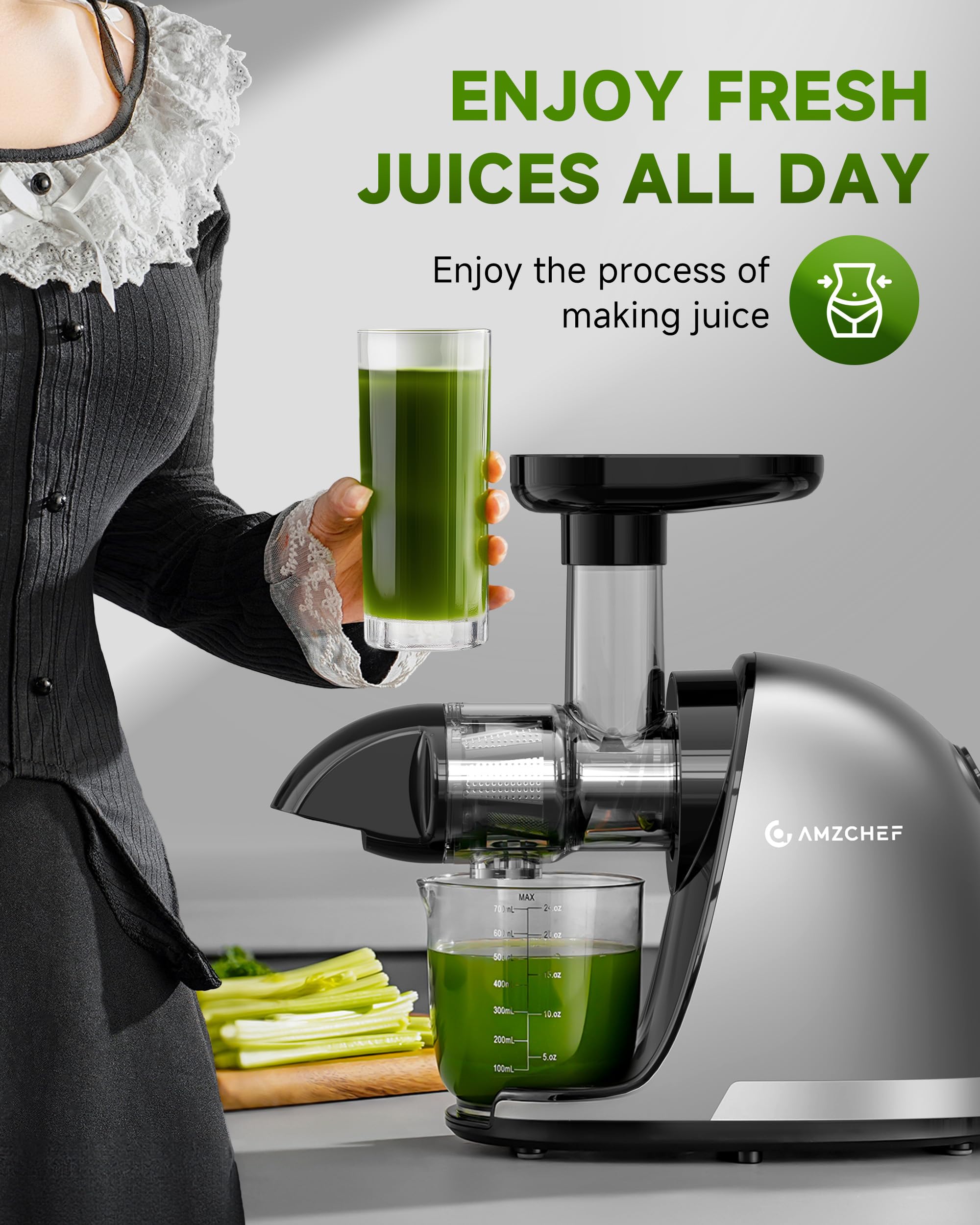 AMZCHEF Slow Masticating Juicer - Cold Press Whole Fruit & Vegetable Extractor with High Juice Yield, BPA-Free, Includes 2 Cups & Recipe Book (Grey) - Perfect for Healthy Juicing at Home, Office or Gym
