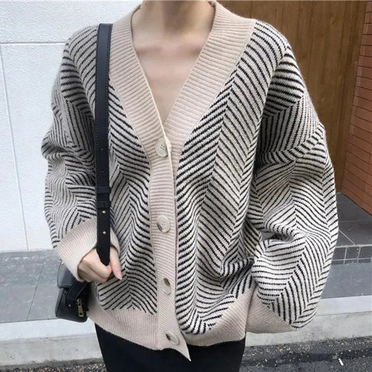 Stylish Striped Oversized Women's Cardigan - Cozy Long Sleeve Open Front Knit Sweater for Fall & Winter | Perfect for Casual Outfits, Office Wear and Lounge at Home