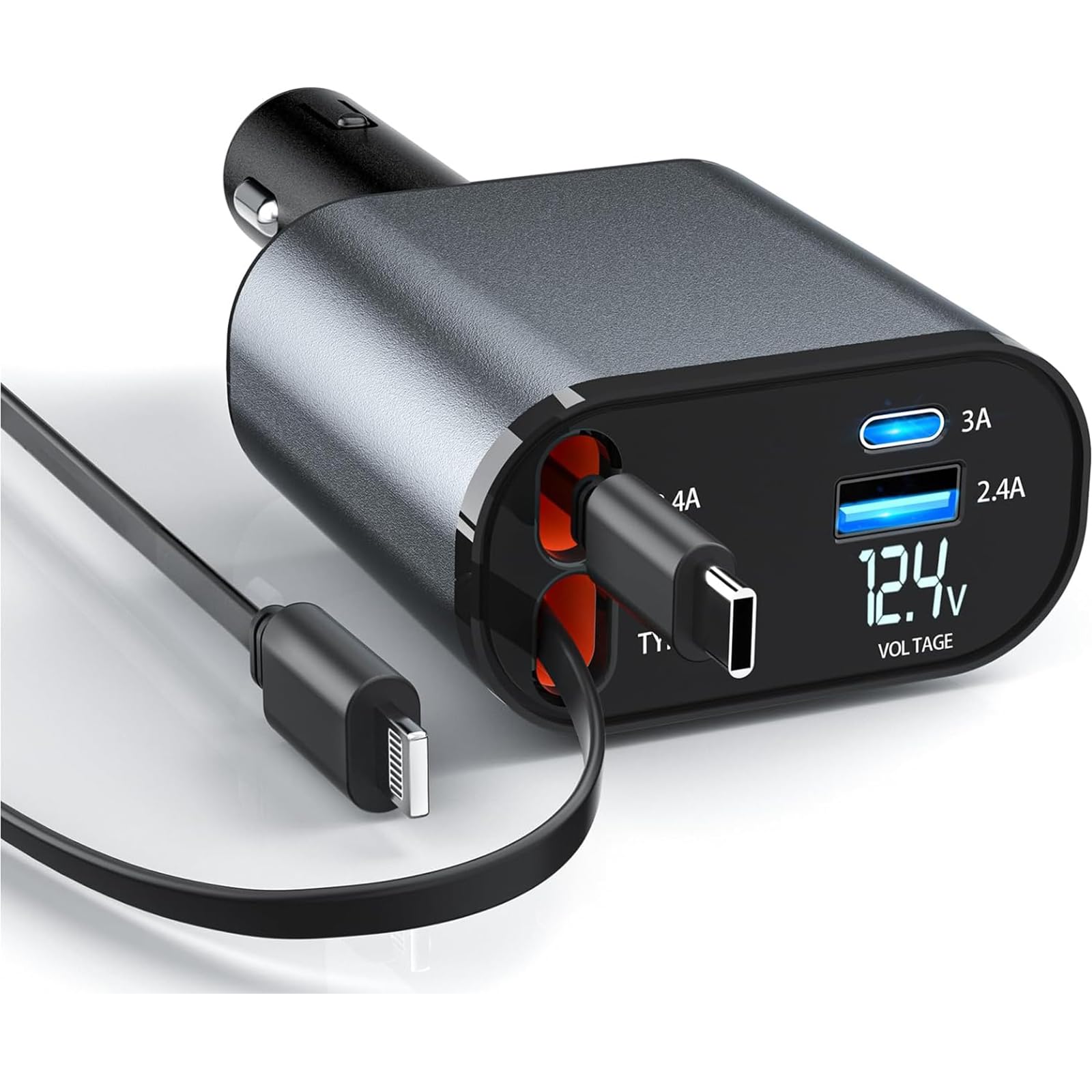 4-in-1 Retractable Car Charger with Dual USB Ports & Type C/Lightning Cables - Fast Charging for iPhone & Android - Perfect for Road Trips & Daily Commutes