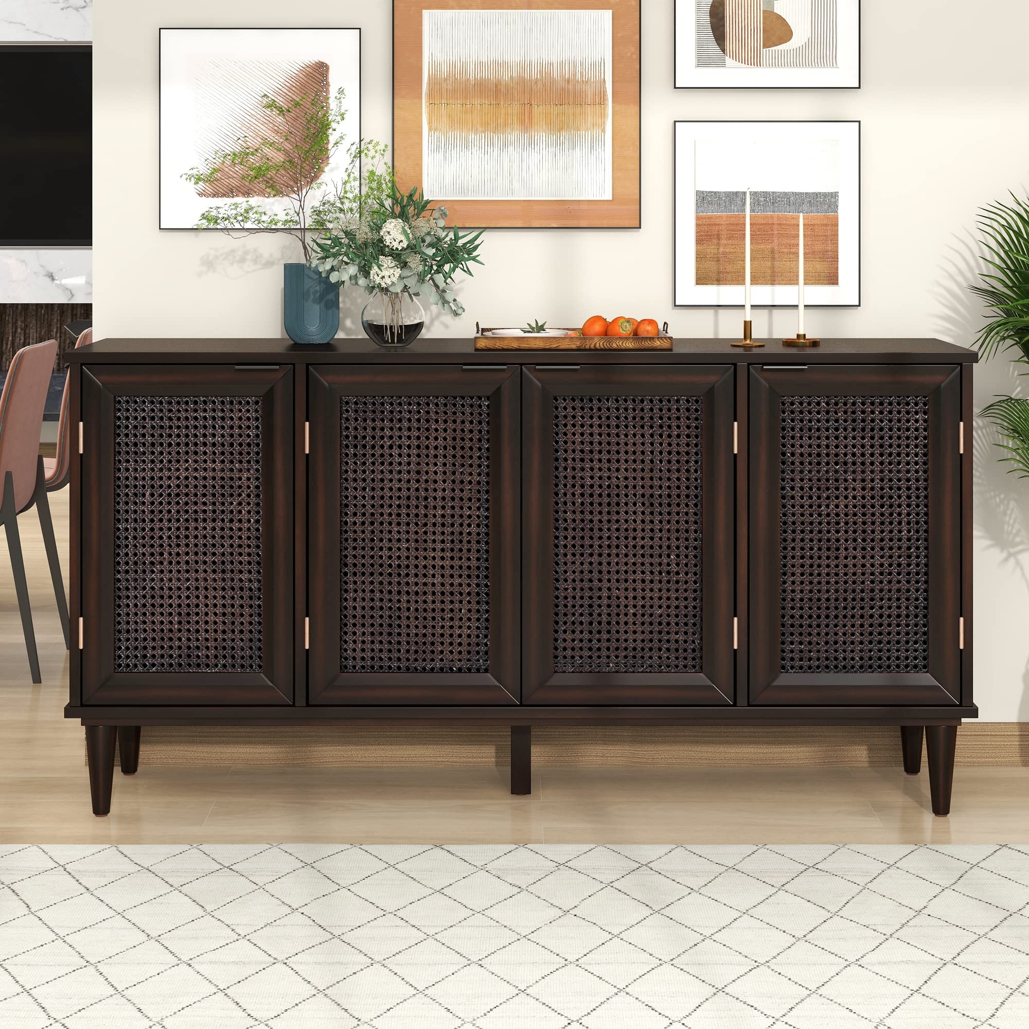 Vintage Sideboard Cabinet - Large Storage with 4 Rattan Doors, Hidden Knobs & Adjustable Shelves - Solid Wood Buffet Table for Dining Room, Entryway, Living Room (Espresso Finish, Large Size) - Perfect for Home Organization & Stylish Decor