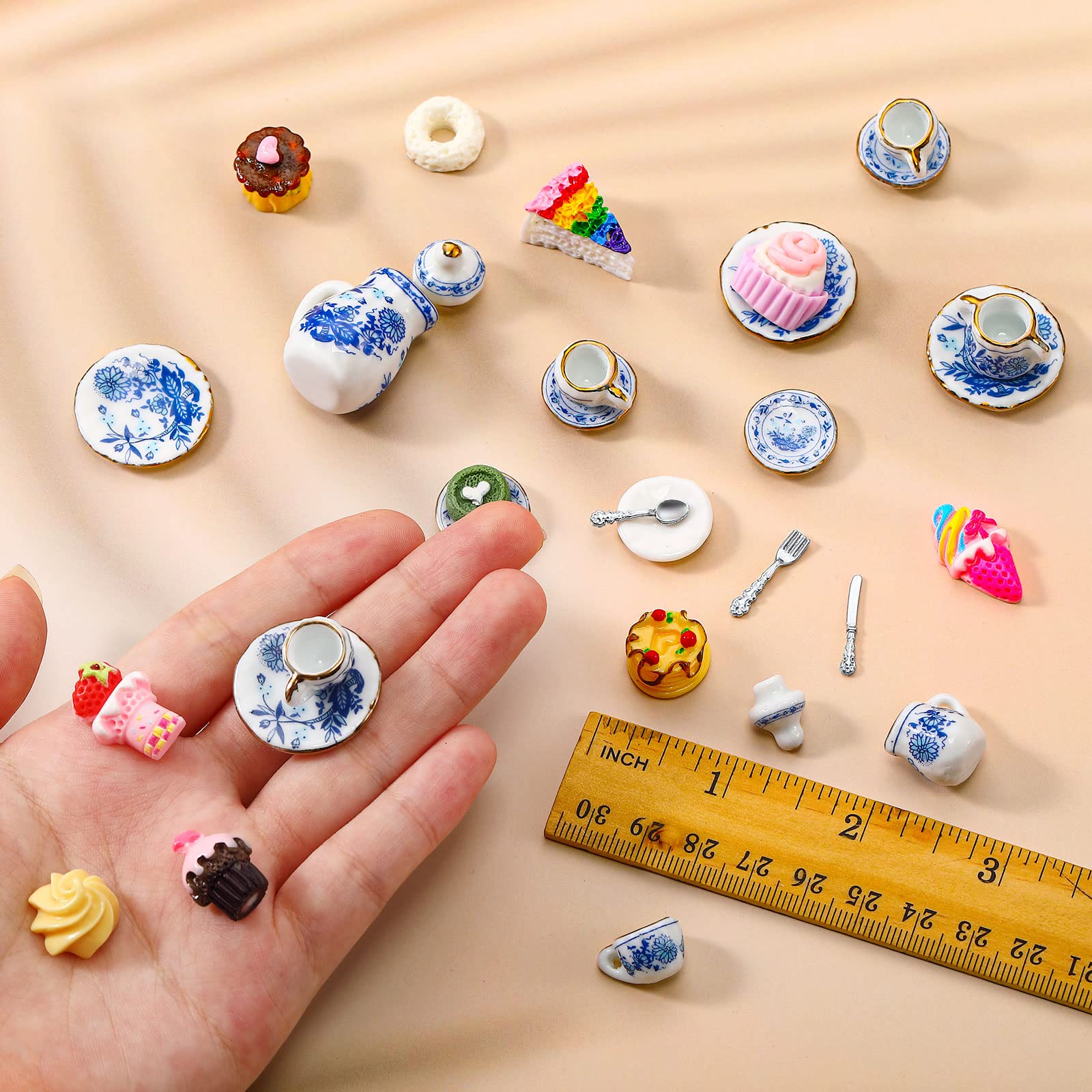 1:12 Scale Miniature Dollhouse Kitchen Accessories Set - 41 Pcs Retro Style Mini Porcelain Tea Cups, Plates, Cutlery & Dessert Decor for Dollhouse, DIY Crafts & Party Table Decoration