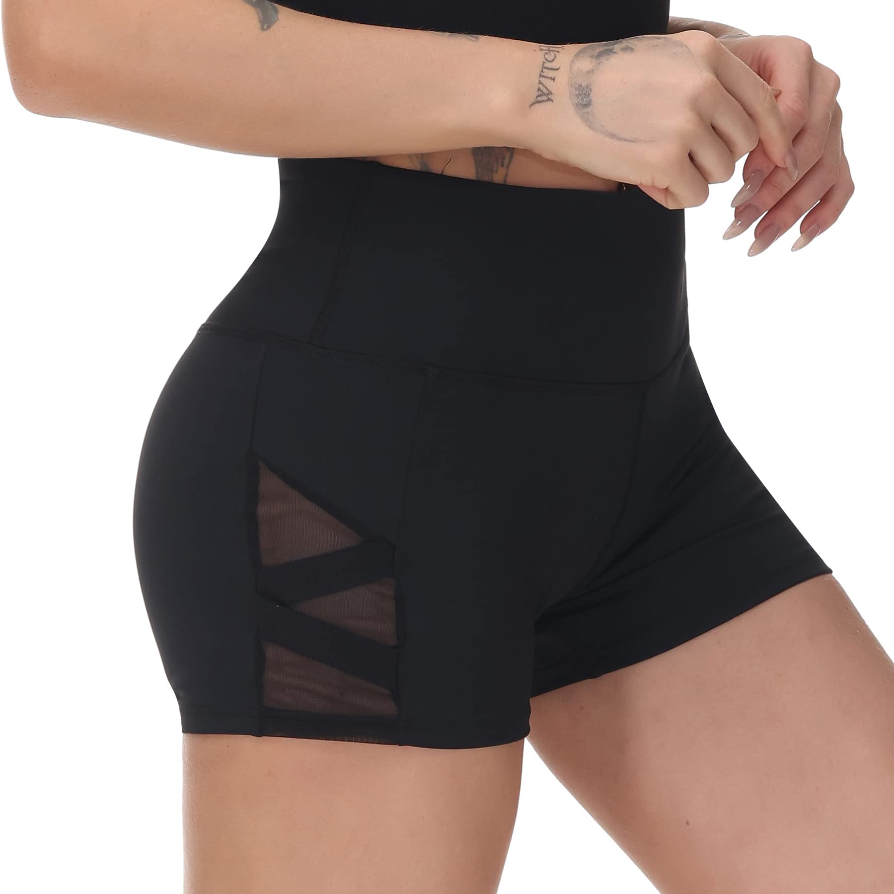 Romansong Women's High Waisted Yoga Pants with Pockets - 4-Way Stretch Tummy Control Mesh Leggings, Non See-Through Capri Workout Pants for Running, Gym & Lounge Wear