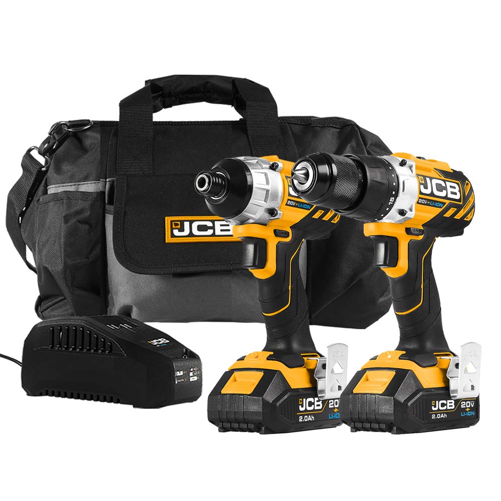 JCB Tools - 20V 2-Piece Brushless Power Tool Set with Combi Drill, Impact Driver, 2 x 2.0Ah Batteries, Charger & Tool Bag - Perfect for Home Improvement, Deck Building, Long Screw Driving, Drilling Holes & Shelf Installation