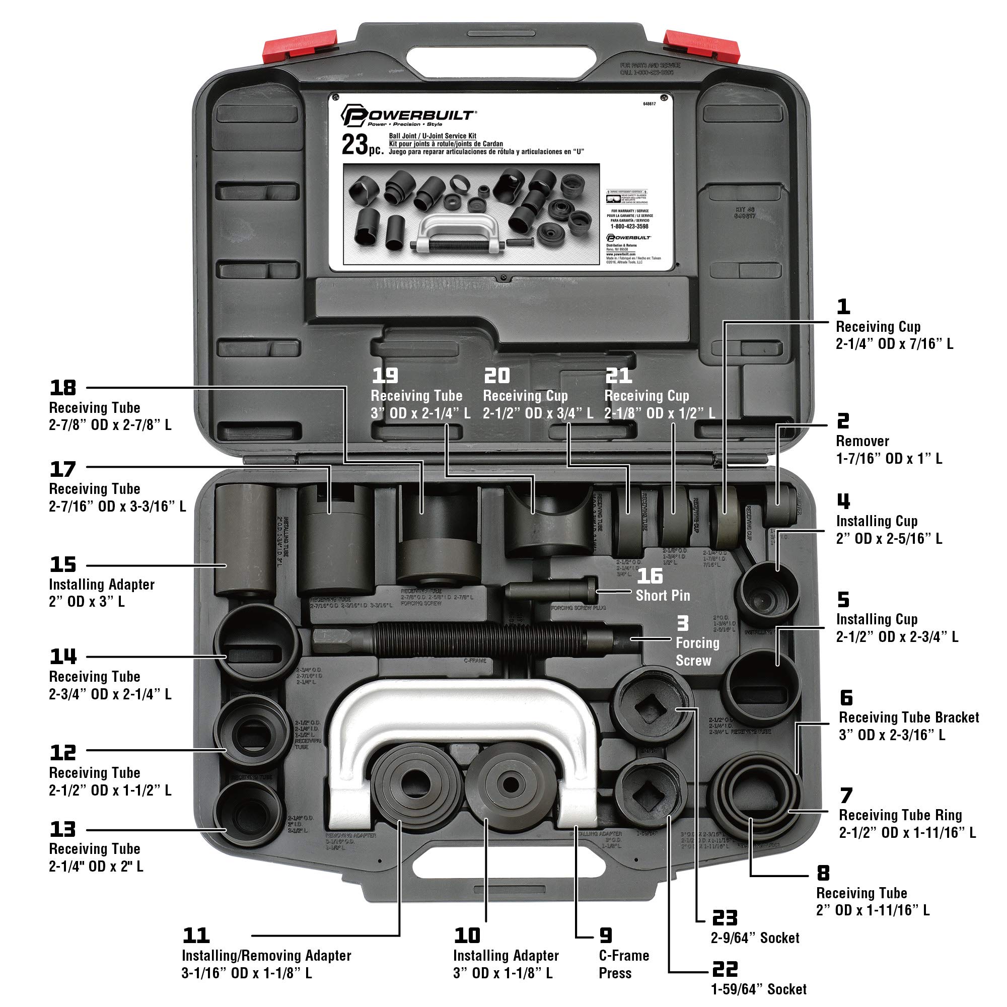 Powerbuilt 23-Piece Ball Joint and U-Joint Service Tool Kit - Remove & Install Ball Joints with Receiving Tube, Adapters & Sockets (648617) - Perfect for Auto Repair, Suspension Maintenance & DIY Car Servicing