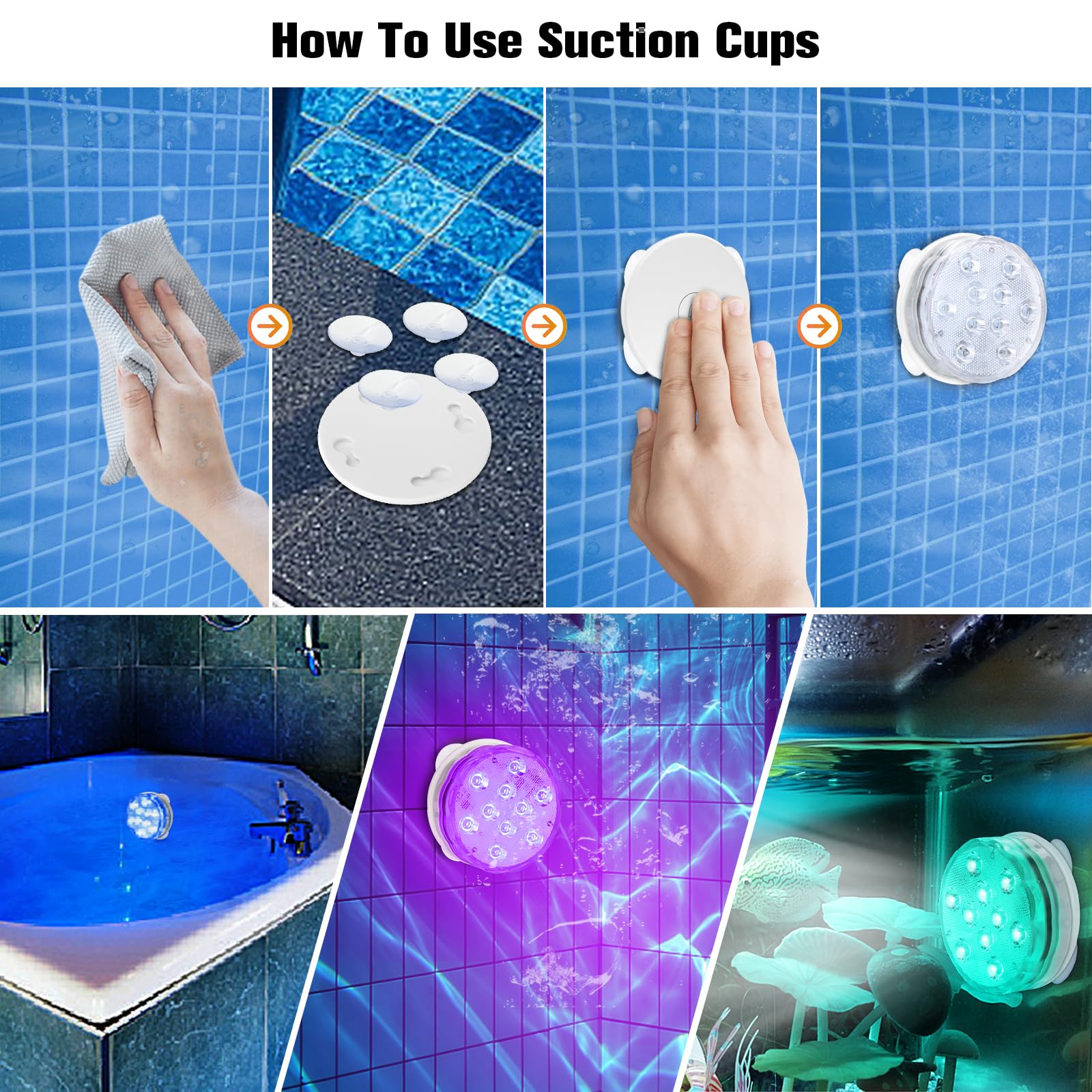 Rechargeable Submersible LED Lights with Remote Control - USB Color Changing Aquarium Lights with Magnetic Suction Cups - Waterproof Underwater Pool Lights for Inground Pools, Showers & Hot Tubs - Perfect for Aquariums, Ponds, Spas and Night Swimming (2 Pack)