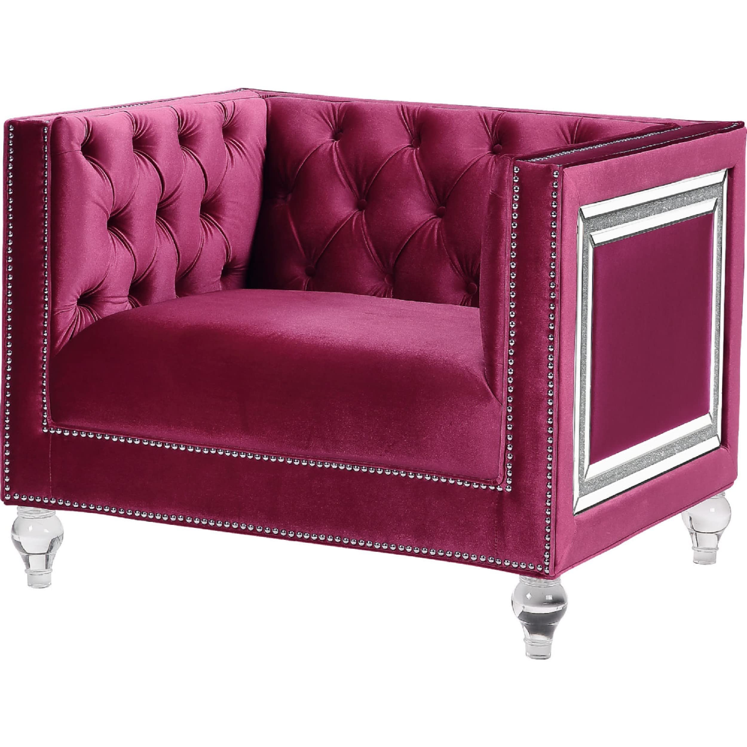 Benjara Red Accent Chair with Shelter Arms and Mirrored Trim - Elegant Living Room Seating for Home, Office, or Lounge Decor