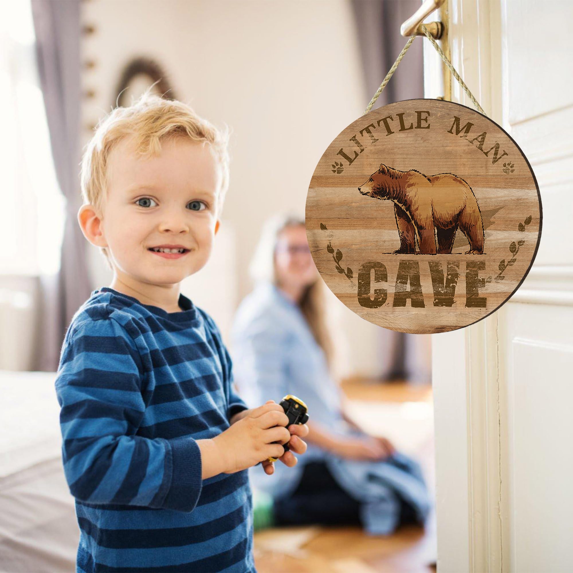 Wooden Little Man Cave Sign for Baby Boy Nursery Decor - Rustic Farmhouse Bear Wall Art, Woodland Nursery Room Wall Hanging Decor for Kids Bedroom - Perfect for Baby Showers, Gender Reveals & Nursery Theming