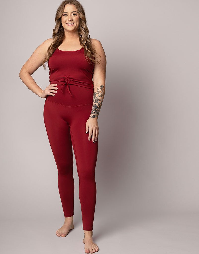 High Waisted Freestyle Flat Front Leggings - Cranberry Red for Yoga, Running & Workouts