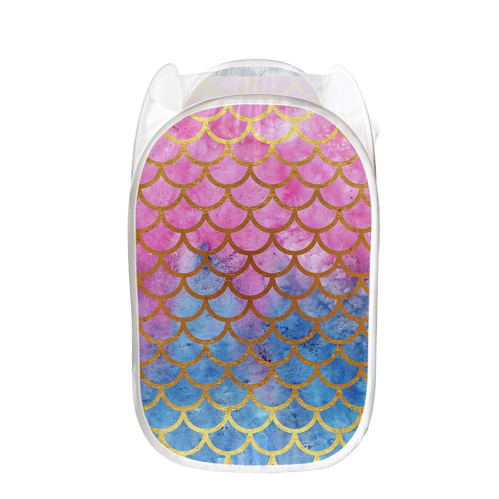 Foldable Laundry Hamper with Side Pocket - Pink & Blue Mermaid Scale Mesh Pop-Up Hamper for Kids, Beach & Travel | Portable Toy Storage Bin for Nursery, Dorm & Camping