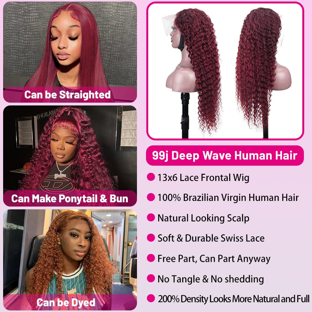 99J Burgundy Lace Front Wigs Human Hair - 13x6 HD Lace Frontal Deep Wave Wig, Pre-Plucked 200% Density Wine Red Colored 26 Inch Glueless Wig with Baby Hair | Perfect for Cosplay, Daily Wear & Special Occasions