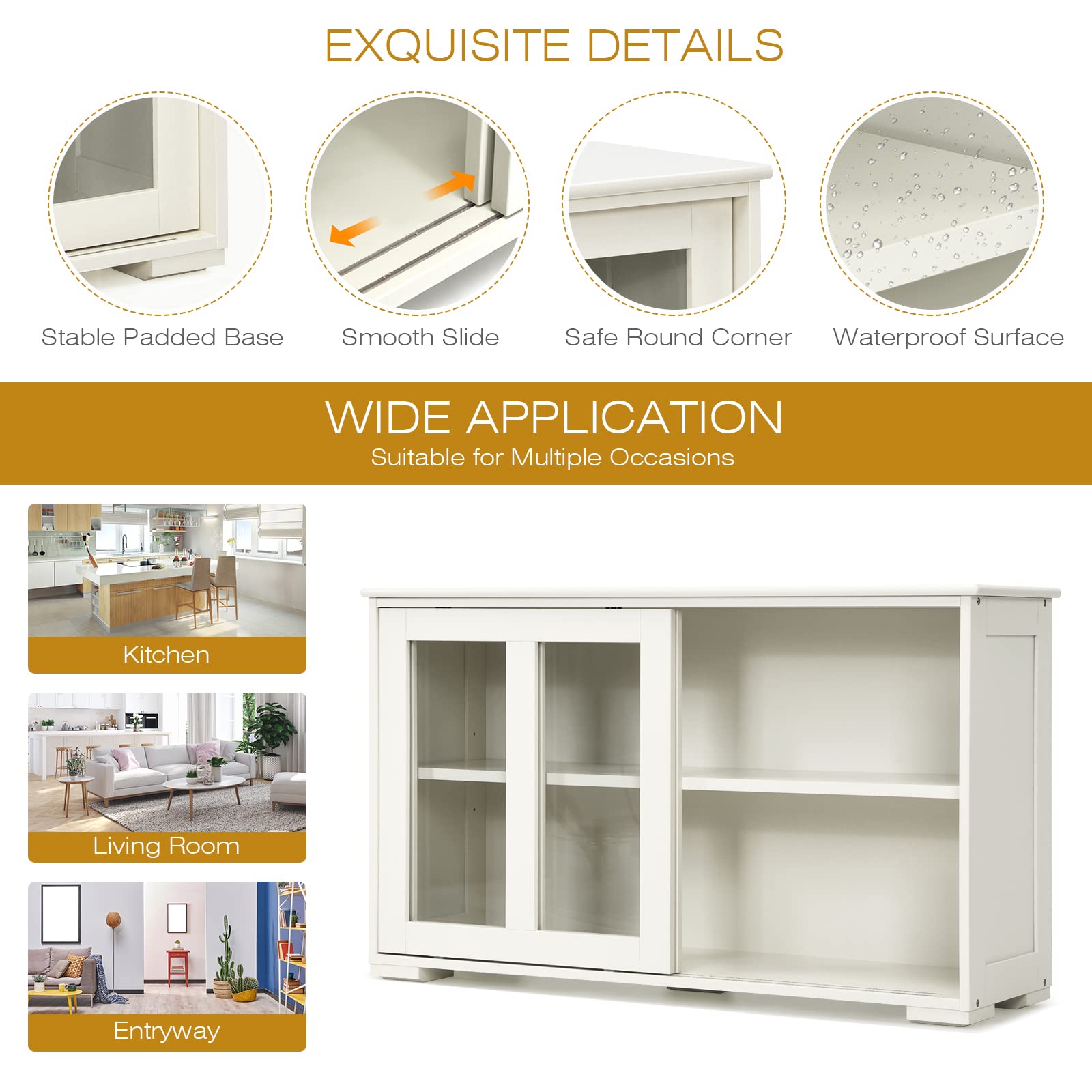 Stackable Sideboard Buffet Cabinet with Adjustable Shelves & Glass Sliding Doors - White Wooden Credenza Storage Table for Kitchen, Dining Room, Living Room | Perfect for Coffee Bar Setup, Entryway Organization & Home Decor