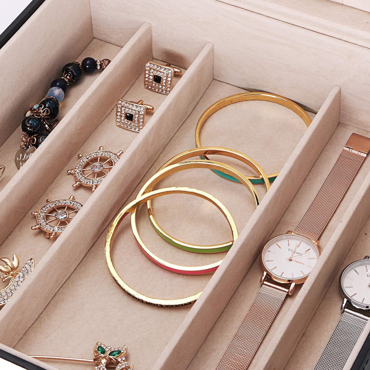 BEWISHOME Jewelry Organizer Box for Necklaces, Bracelets & Chains - 12 Compartments (7 Regular + 5 Large), 6 Hooks, 2-Layer Storage - Perfect Jewelry Box for Women & Girls - Black SSH31B | Great for Travel, Bedroom Vanity & Gift Giving