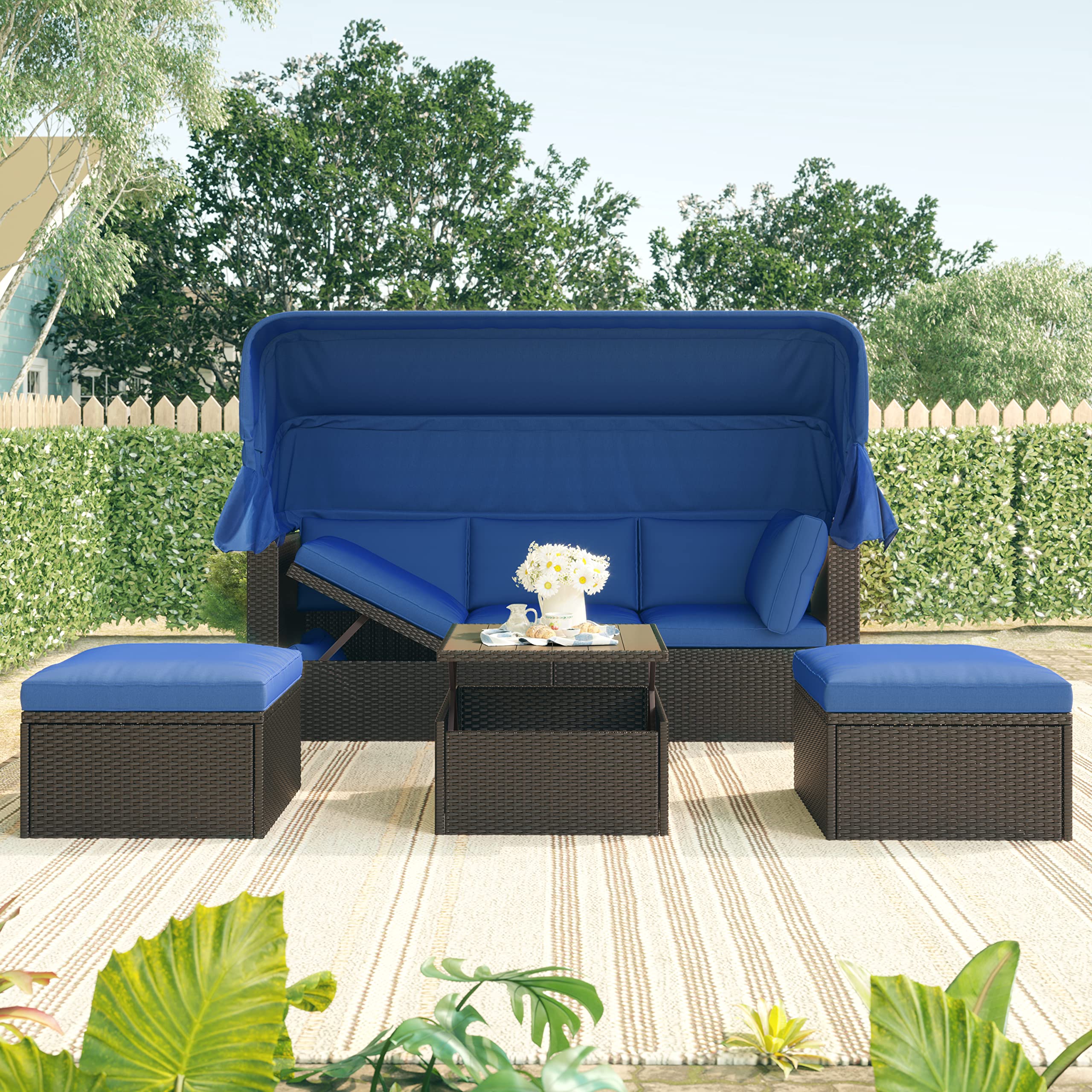 Quarte Outdoor Patio Rectangle Daybed with Retractable Canopy - All-Weather Wicker Sectional Sofa Set with Cushions & Lift-Top Table for Backyard, Porch, Poolside (Blue+O) - Perfect for Lounging, Sunbathing and Outdoor Relaxation