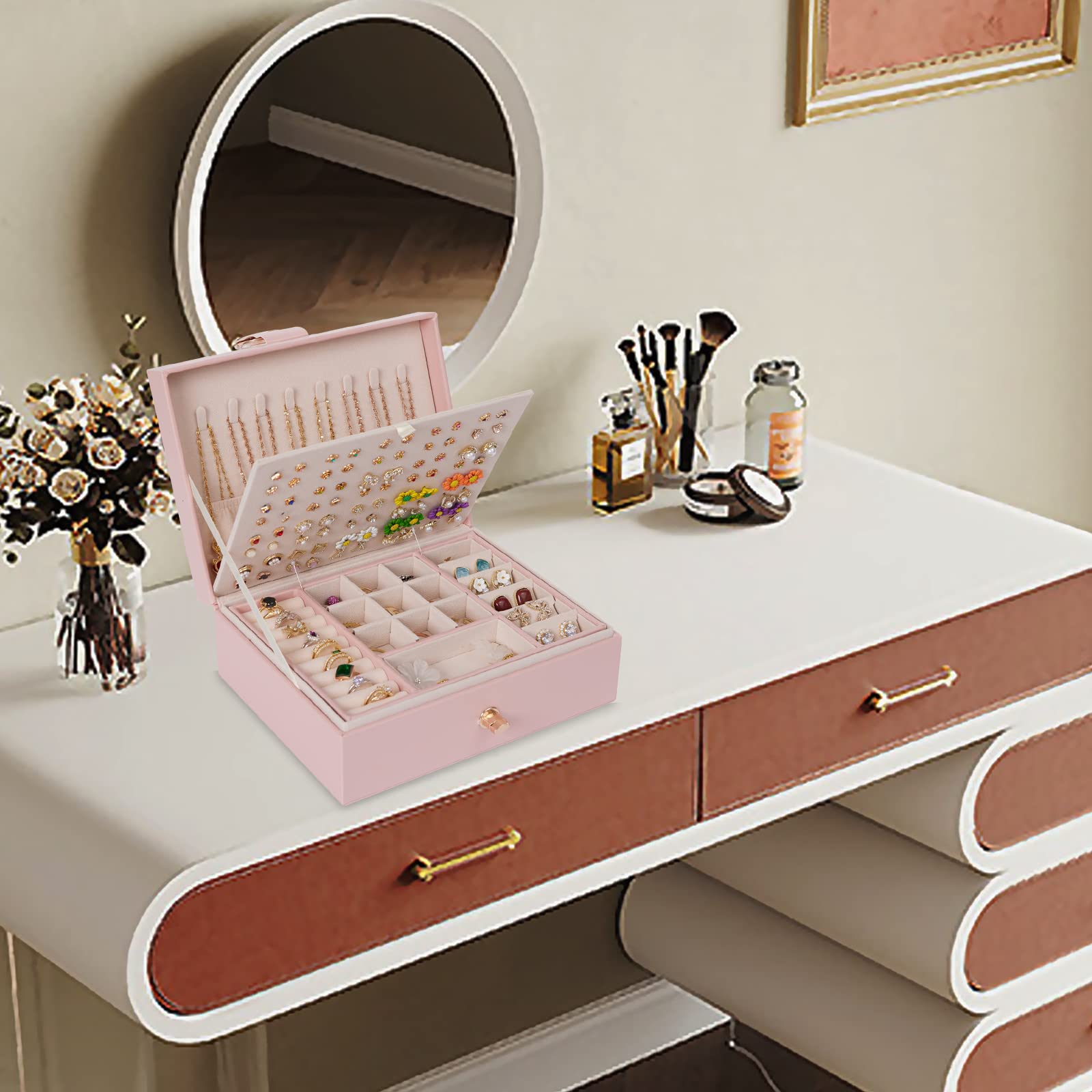 Elegant Pink PU Leather Jewelry Box Organizer for Women - Perfect for Earrings, Rings & Necklaces - Ideal Birthday & New Year Gift for Her - Great for Travel, Home Storage & Gift Giving