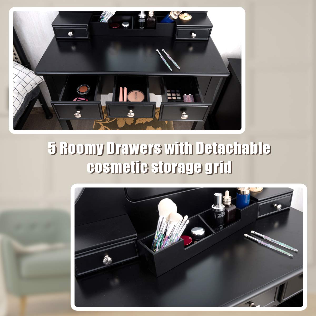 Charmaid Vanity Makeup Table Set with Mirror & Cushioned Stool - 5-Drawer Dressing Table with Removable Storage Organizers - Elegant Black Makeup Vanity for Women & Girls - Perfect for Bedroom, Dorm Room & Beauty Salon