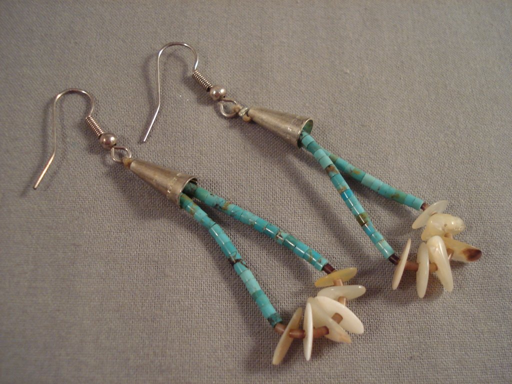 Vintage Santo Domingo Navajo Turquoise Heishi Native American Jewelry Sterling Silver Shell Earrings - Handmade Southwest Boho Style for Women, Perfect for Festivals & Boho Fashion