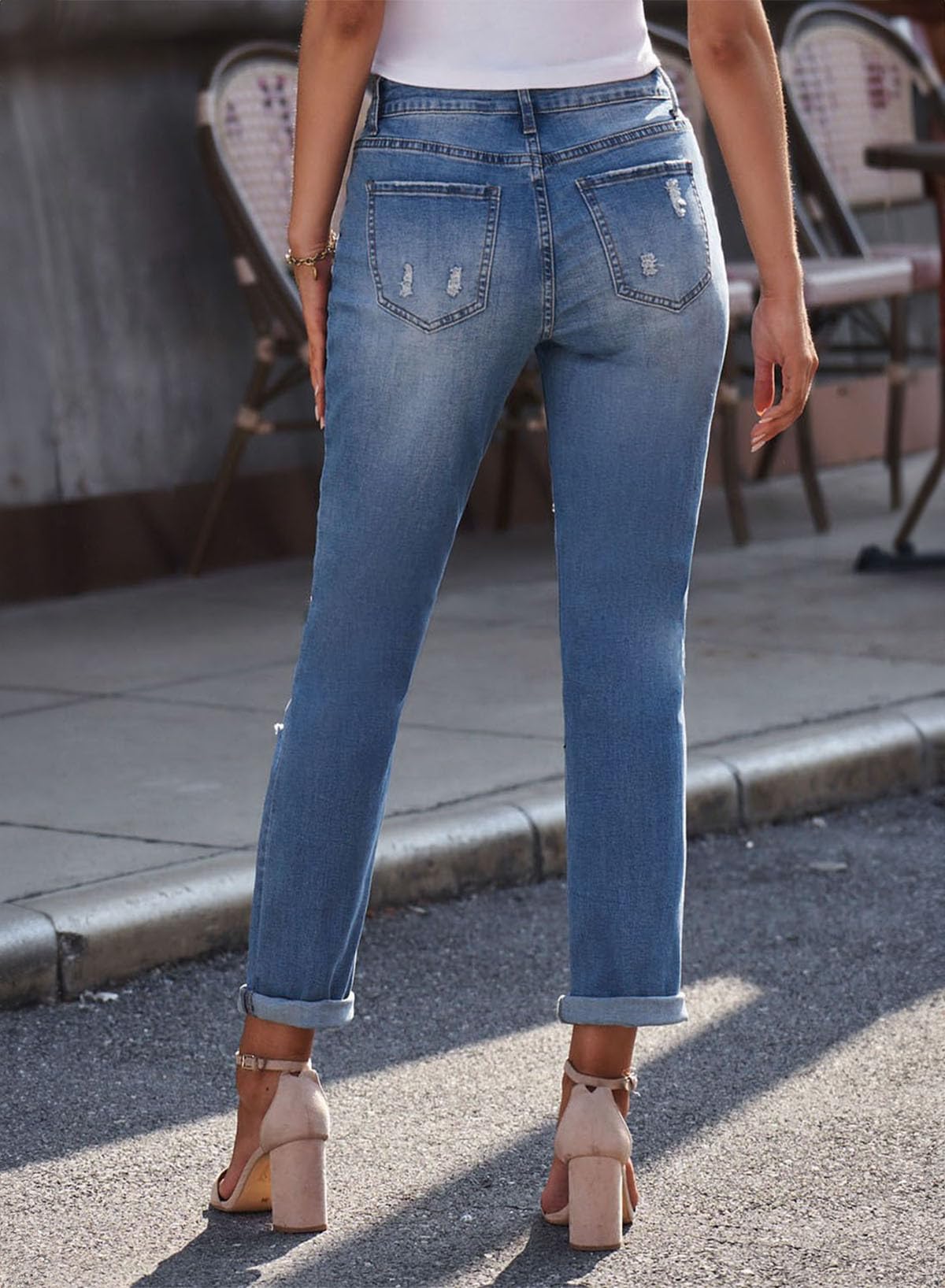EVALESS Women's Ripped Boyfriend Jeans - Distressed Skinny Denim Pants with Plaid Patch Design | Casual Streetwear, Weekend Outfits & Fashion Styling