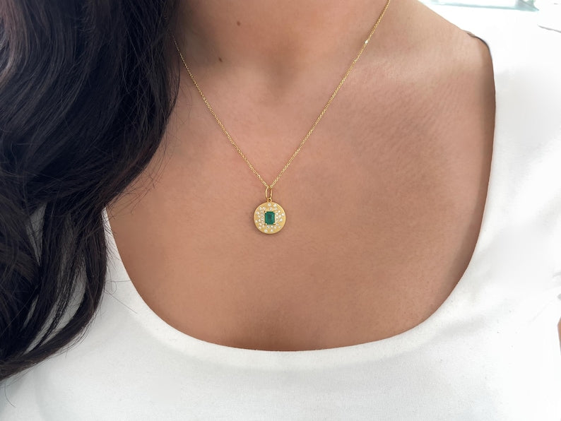 0.92tcw 14K Gold Emerald & Diamond Constellation Medallion Charm Pendant for Women - Elegant Necklace Jewelry Gift for Birthday, Anniversary & Special Occasions