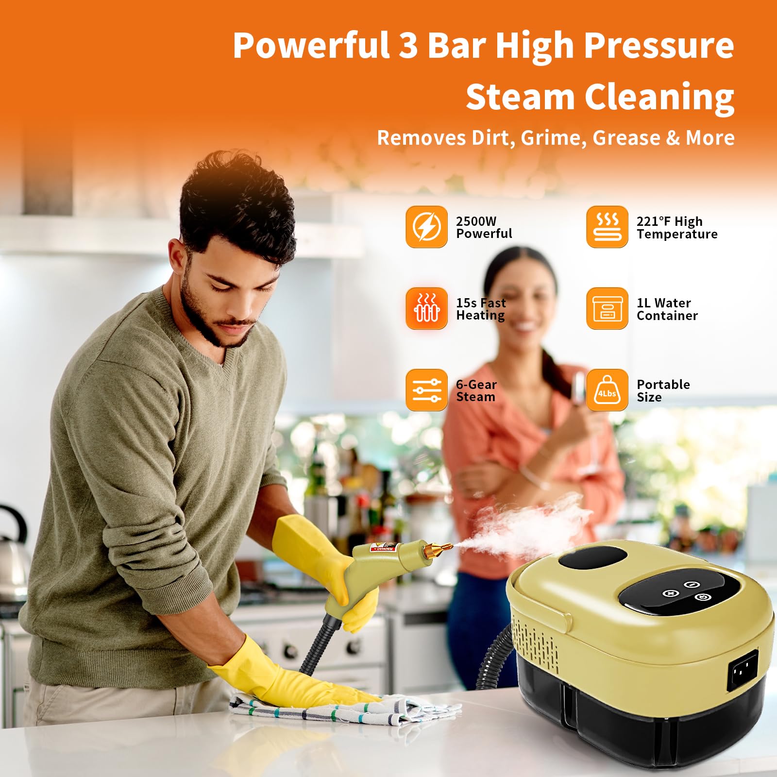 AnRui 2500W Portable Steam Cleaner - High Temperature Pressurized Handheld Steam Cleaner for Home, Kitchen, Bathroom, Car & Outdoor Use - Fast 15-Second Heating with 3 Brush Heads (Beige) - Perfect for Deep Cleaning Floors, Tiles, Grout, Upholstery & Sanitizing Surfaces